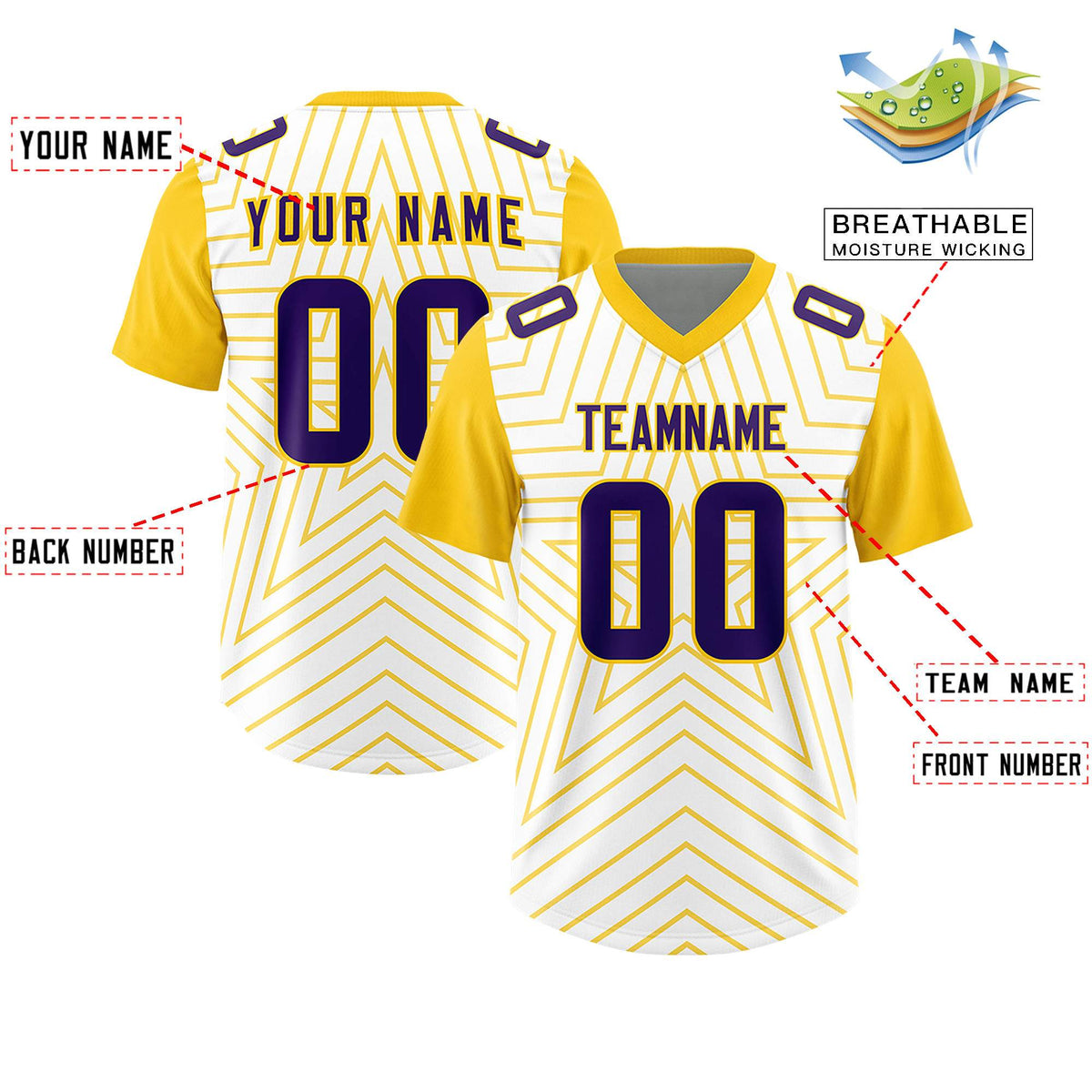 Custom White Gold Personalized Star Pattern Raglan Sleeves Authentic American Football Jersey