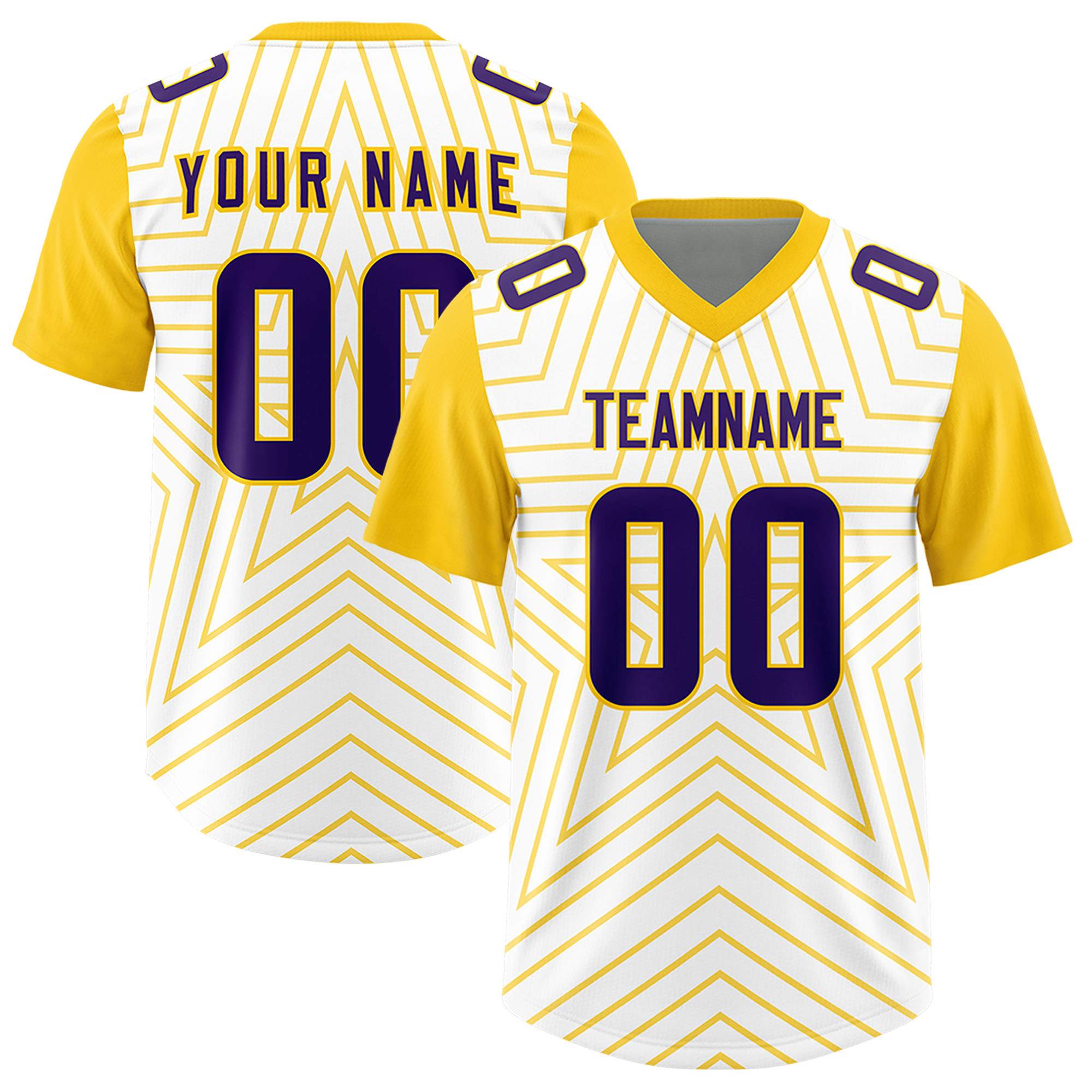 Custom White Gold Personalized Star Pattern Raglan Sleeves Authentic American Football Jersey