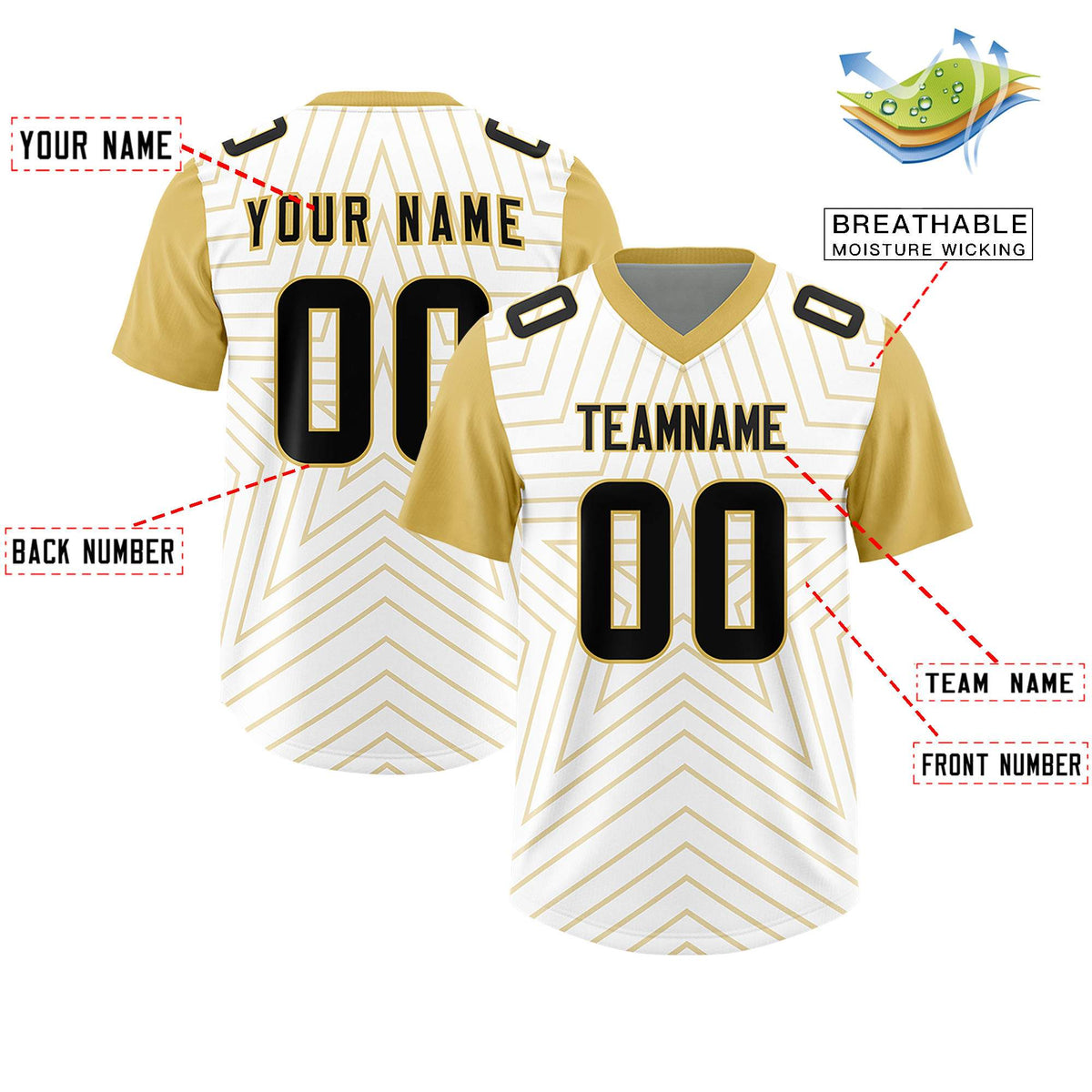 Custom White Old Gold Personalized Star Pattern Raglan Sleeves Authentic American Football Jersey