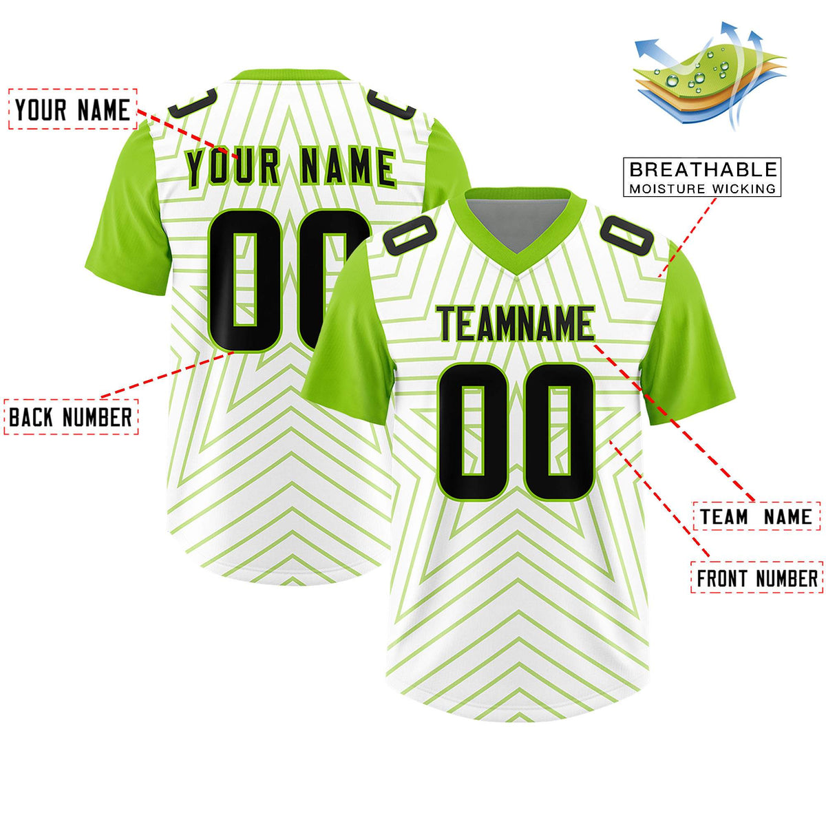 Custom White Neon Green Personalized Star Pattern Raglan Sleeves Authentic American Football Jersey