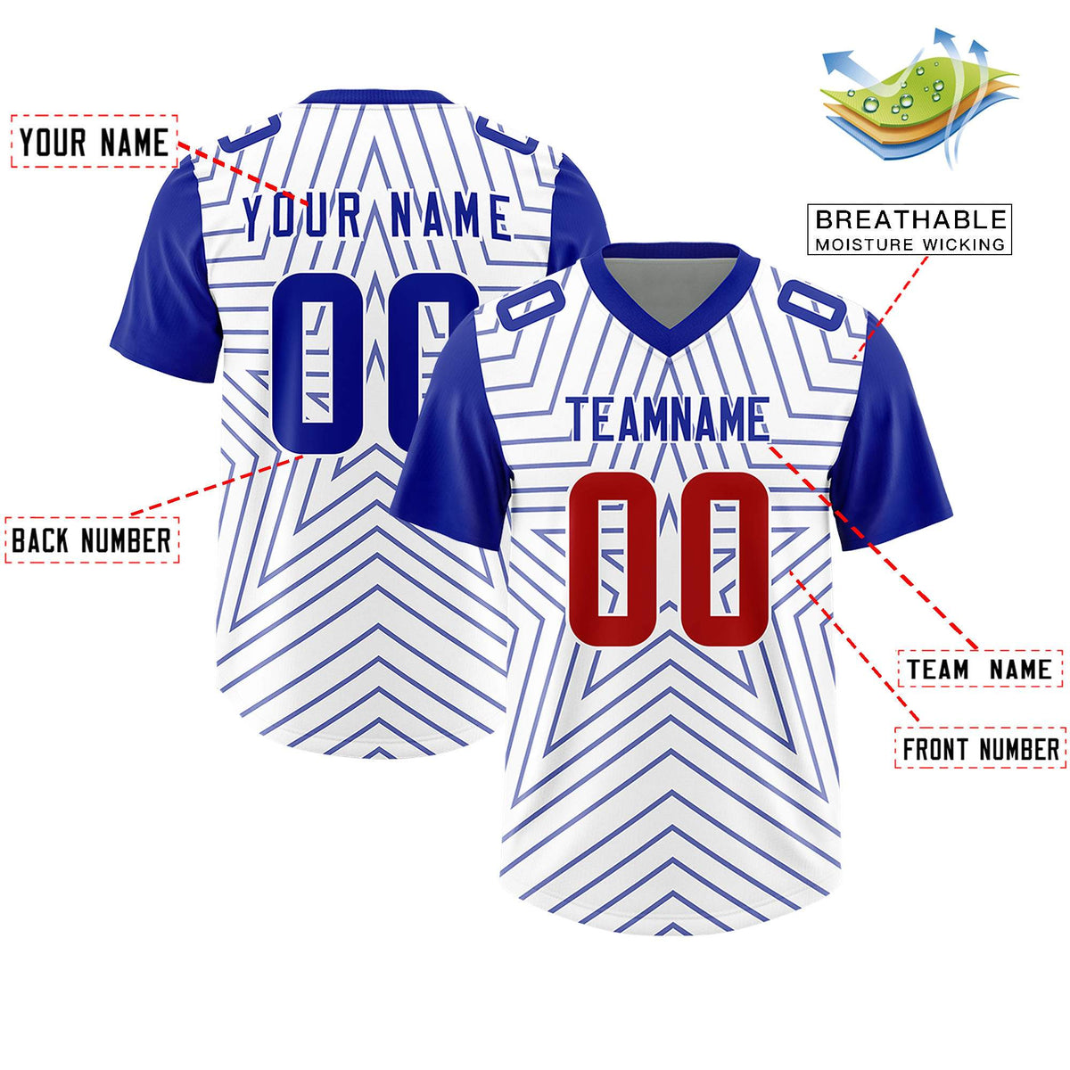 Custom White Royal Personalized Star Pattern Raglan Sleeves Authentic American Football Jersey