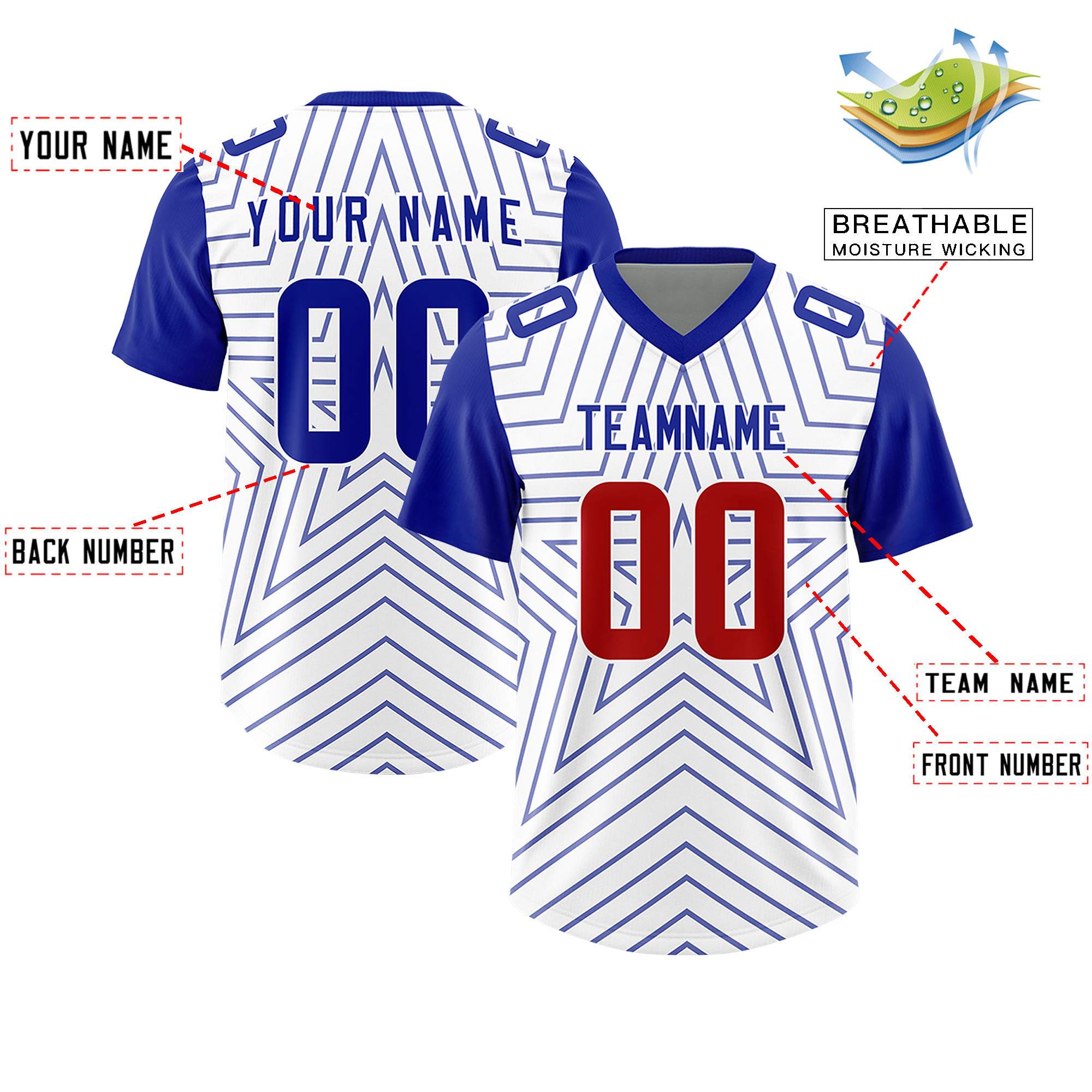 Custom White Royal Personalized Star Pattern Raglan Sleeves Authentic American Football Jersey