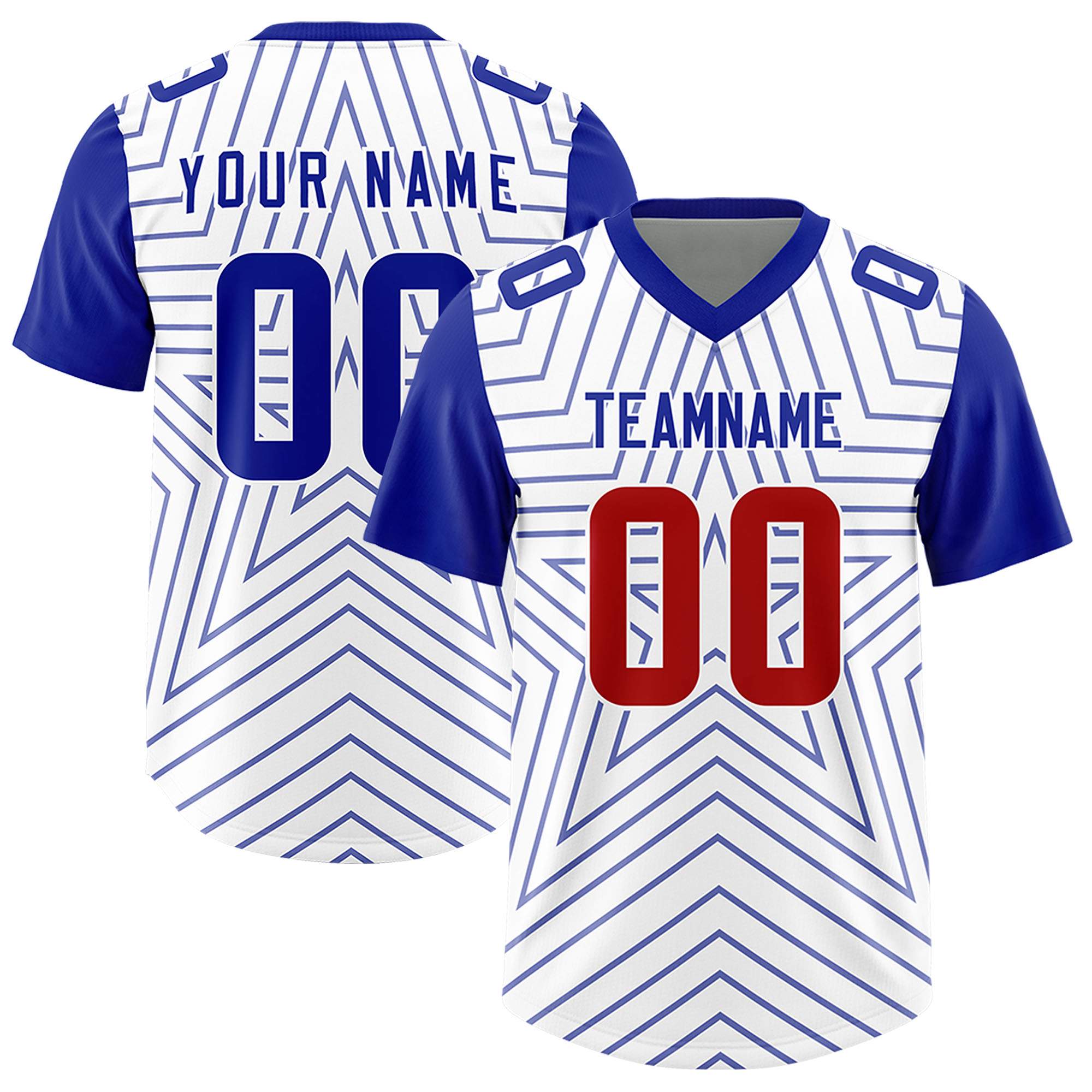 Custom White Royal Personalized Star Pattern Raglan Sleeves Authentic American Football Jersey