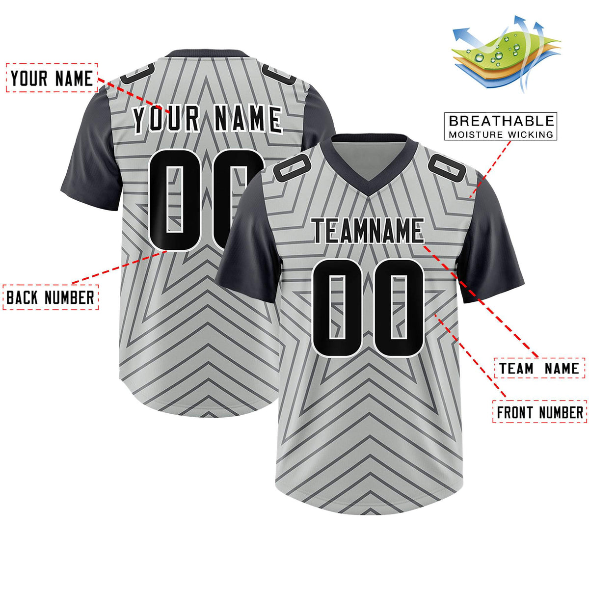 Custom Gray Dark Gray Personalized Star Pattern Raglan Sleeves Authentic American Football Jersey