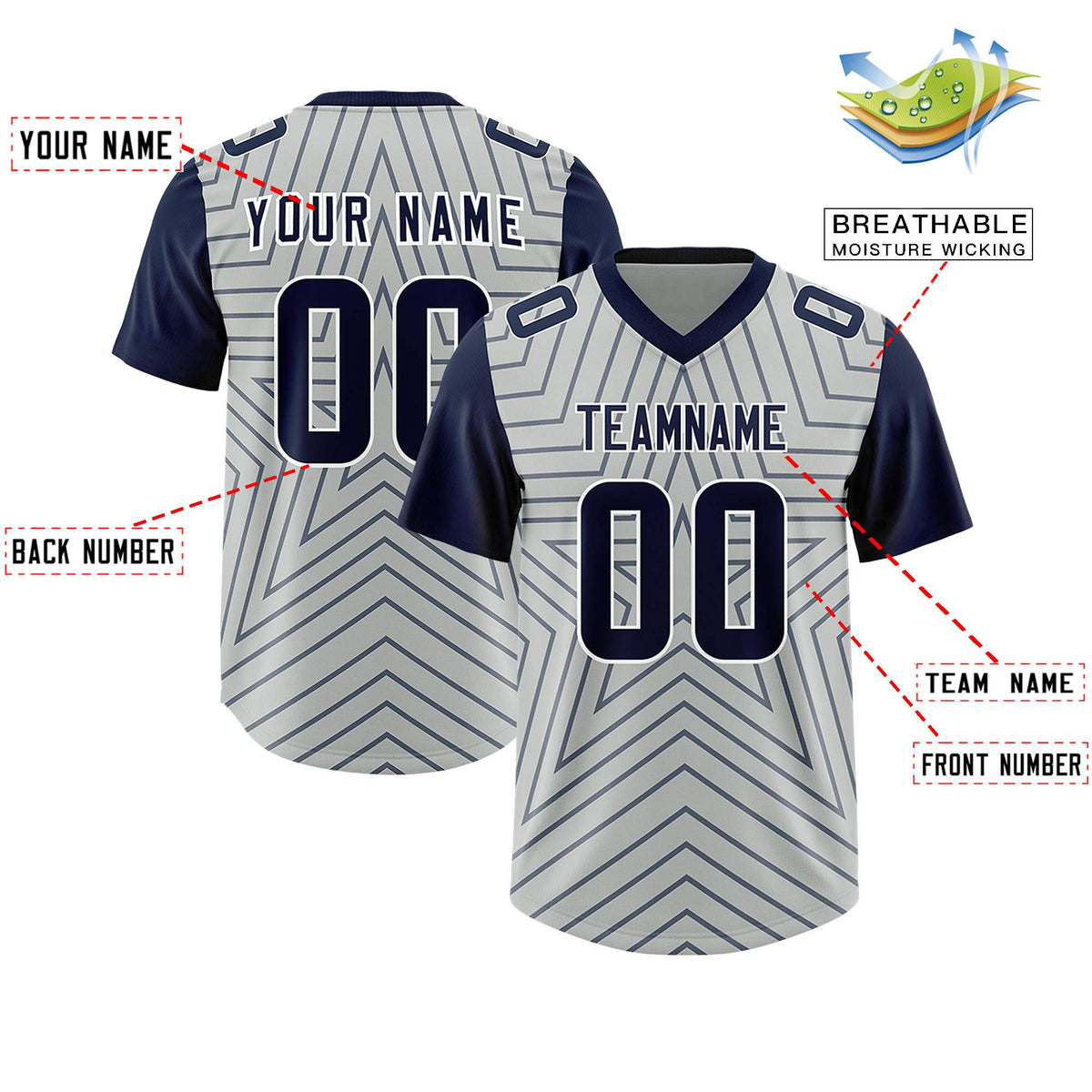Custom Gray Navy Personalized Star Pattern Raglan Sleeves Authentic American Football Jersey