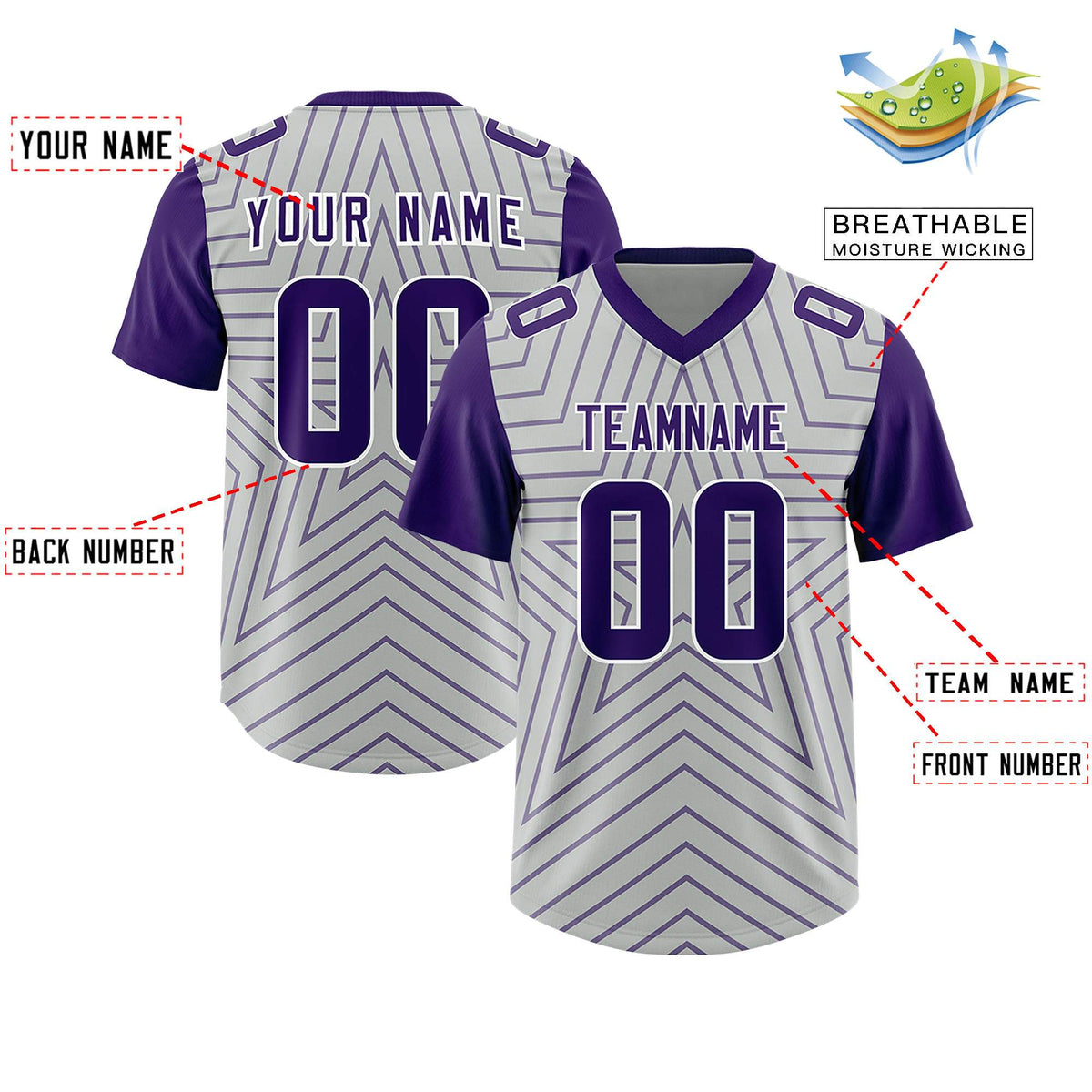 Custom Gray Purple Personalized Star Pattern Raglan Sleeves Authentic American Football Jersey