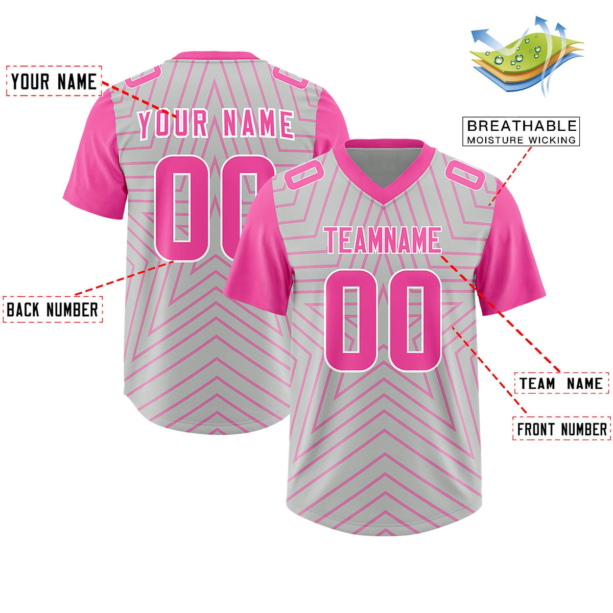 Custom Gray Pink Personalized Star Pattern Raglan Sleeves Authentic American Football Jersey