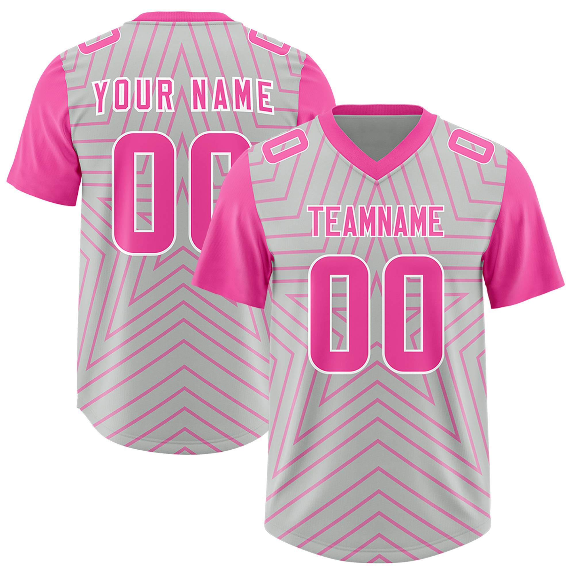 Custom Gray Pink Personalized Star Pattern Raglan Sleeves Authentic American Football Jersey