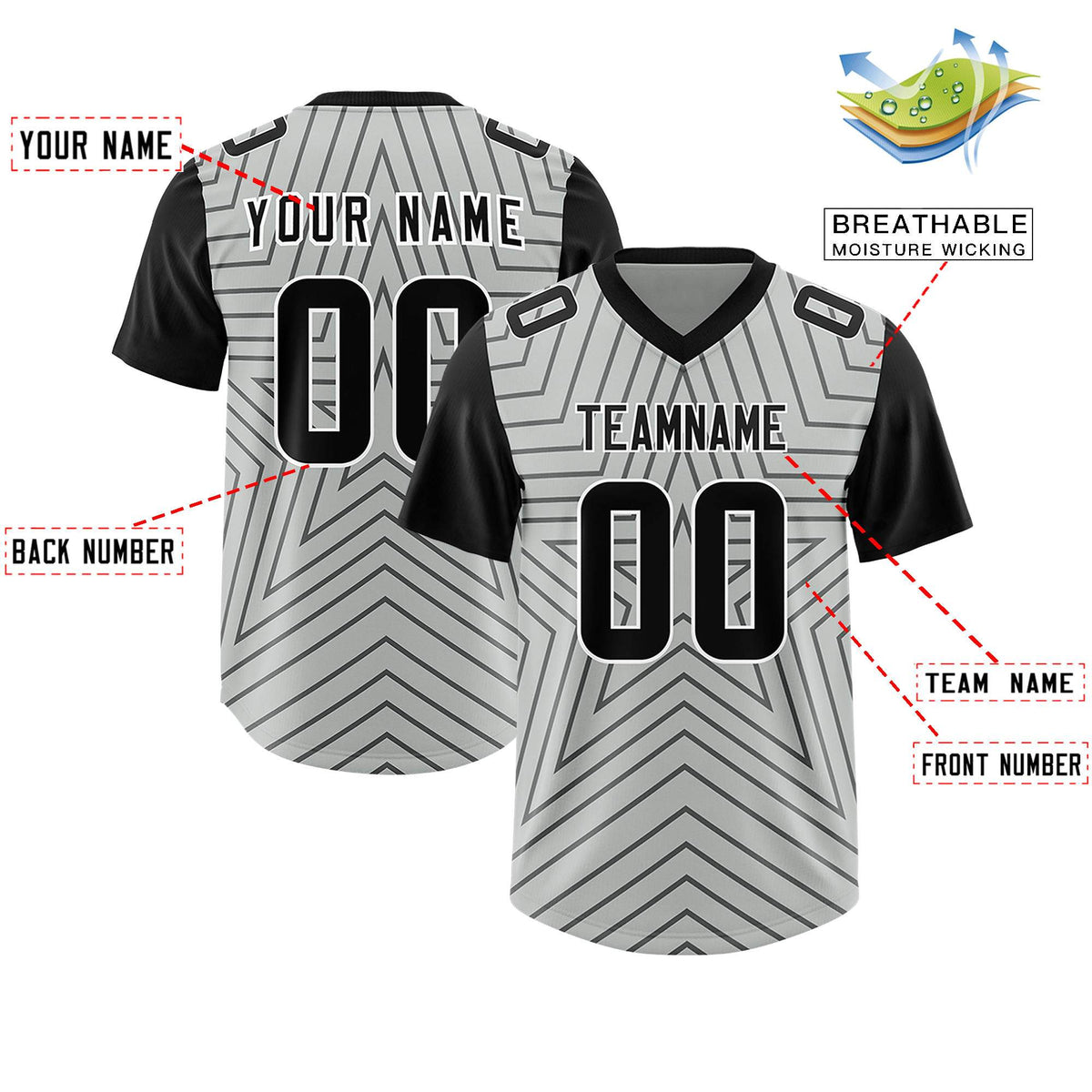 Custom Gray Black Personalized Star Pattern Raglan Sleeves Authentic American Football Jersey