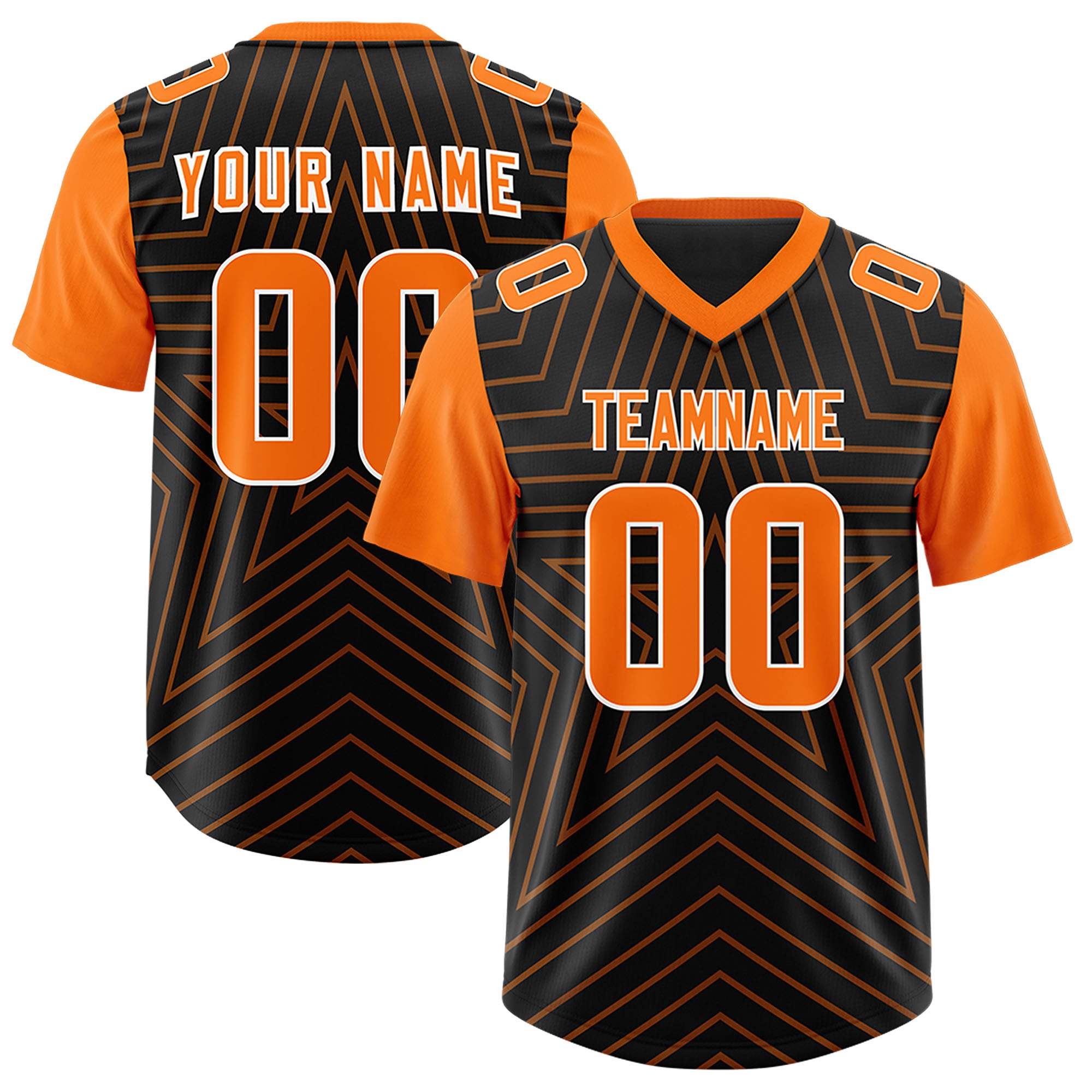 Custom Black Orange Personalized Star Pattern Raglan Sleeves Authentic American Football Jersey