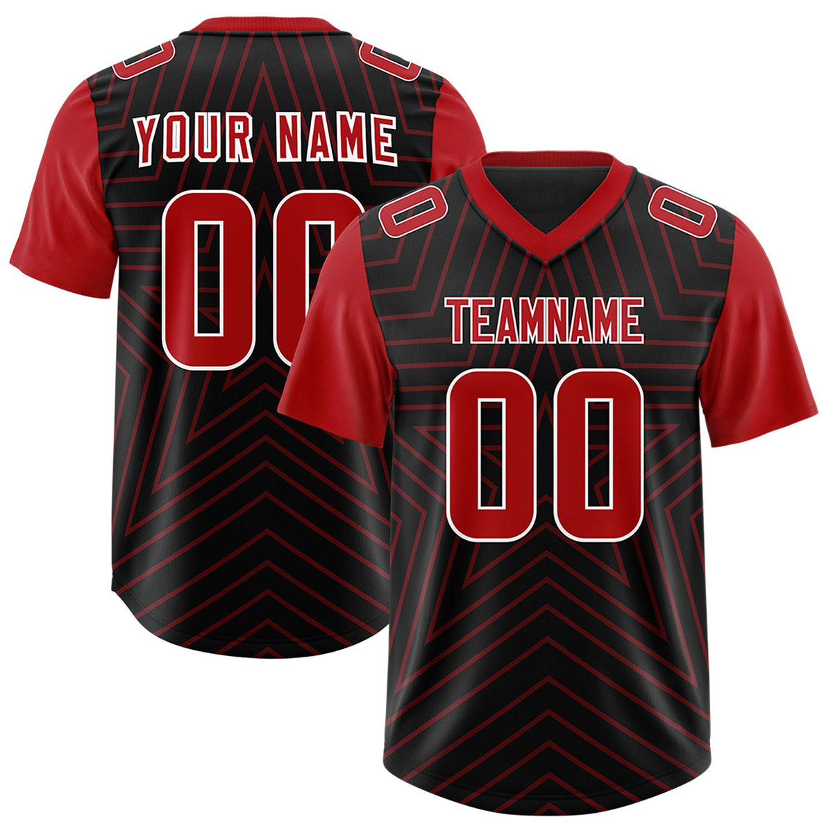Custom Black Red Personalized Star Pattern Raglan Sleeves Authentic American Football Jersey