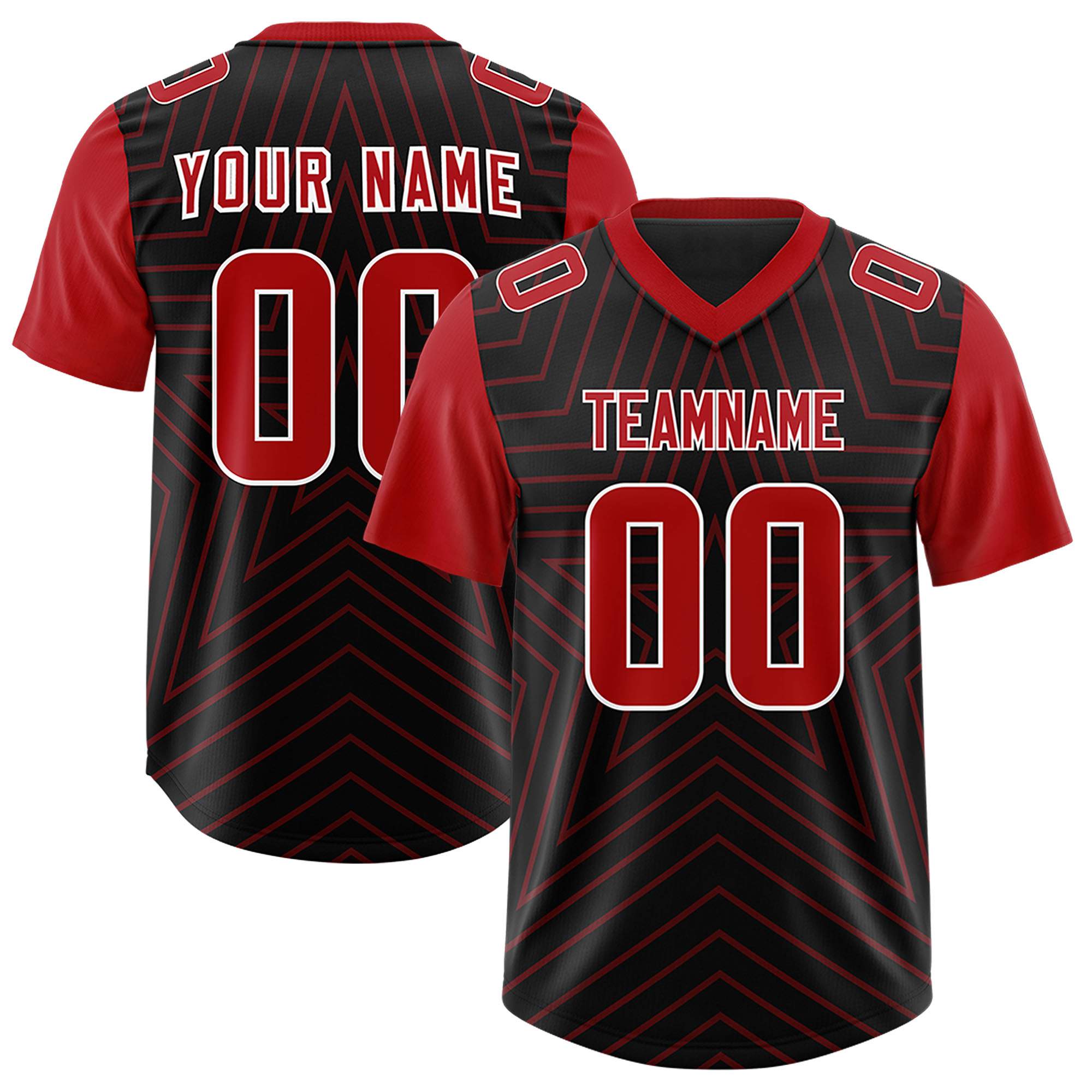 Custom Black Red Personalized Star Pattern Raglan Sleeves Authentic American Football Jersey