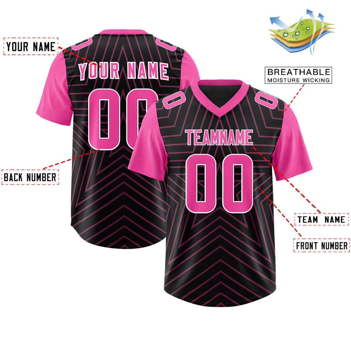 Custom Black Pink Personalized Star Pattern Raglan Sleeves Authentic American Football Jersey