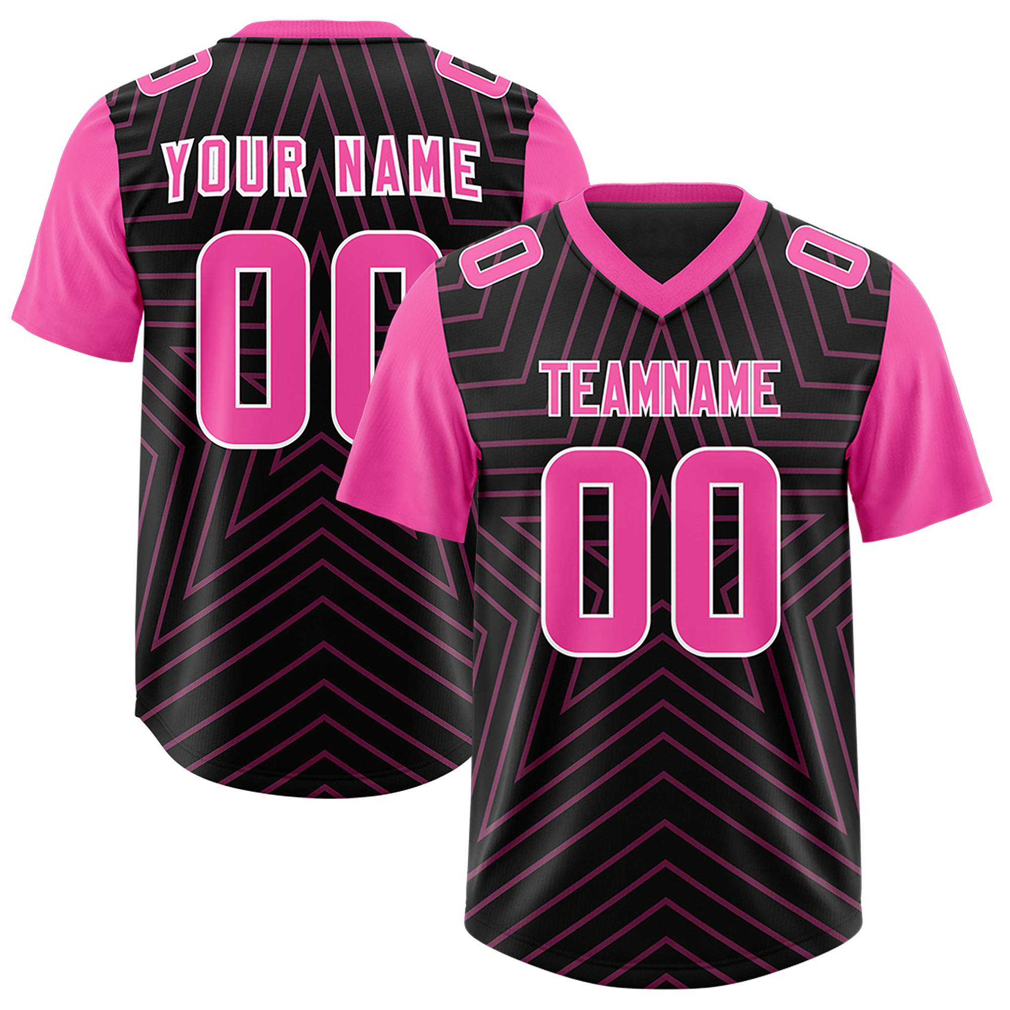 Custom Black Pink Personalized Star Pattern Raglan Sleeves Authentic American Football Jersey