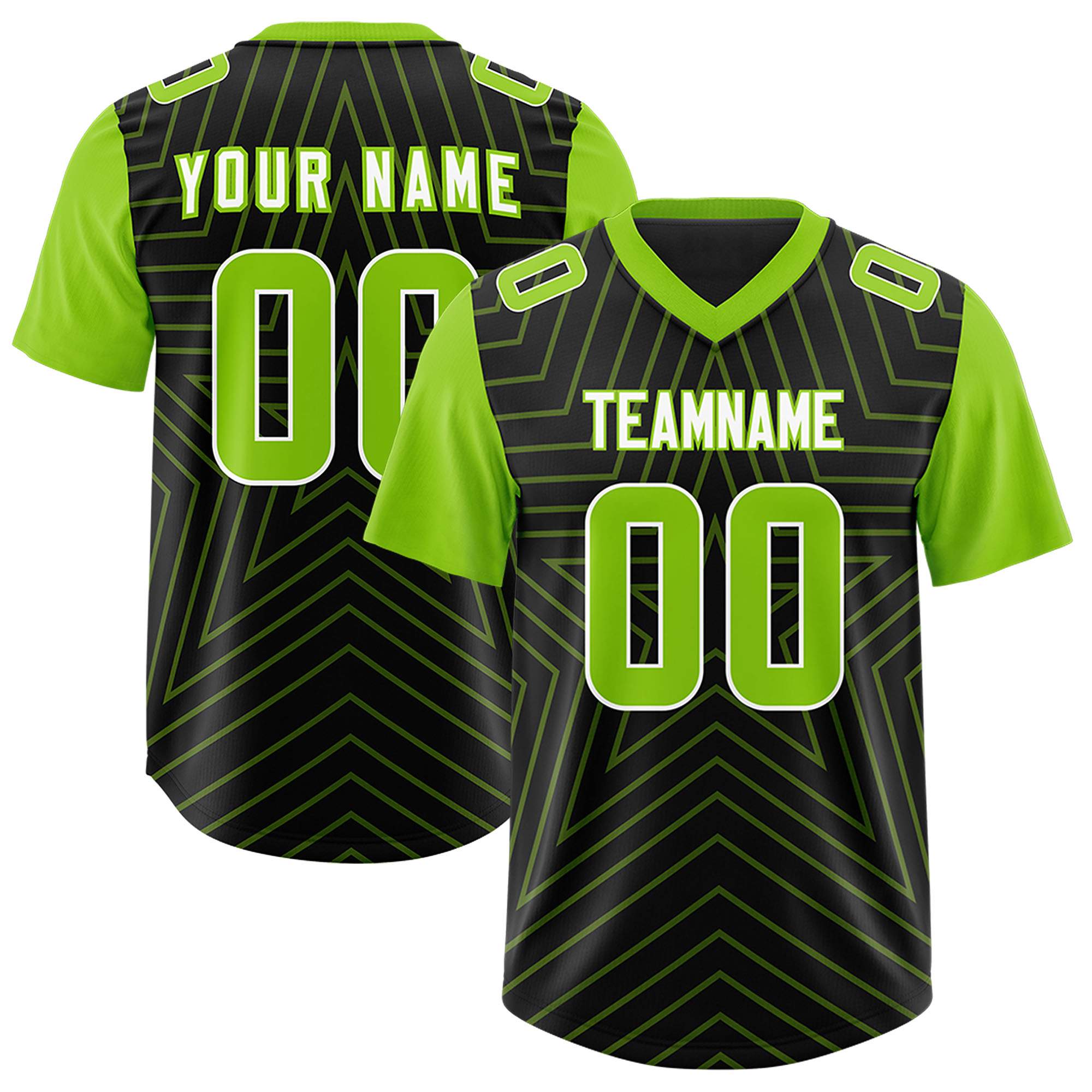 Custom Black Neon Green Personalized Star Pattern Raglan Sleeves Authentic American Football Jersey