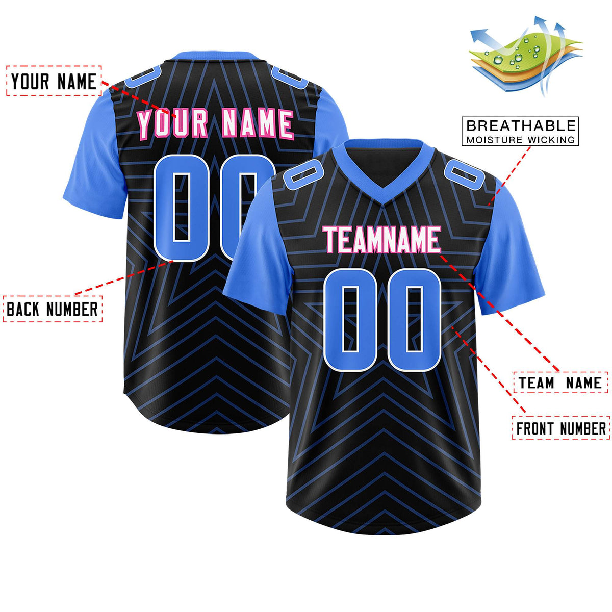 Custom Black Powder Blue Personalized Star Pattern Raglan Sleeves Authentic American Football Jersey