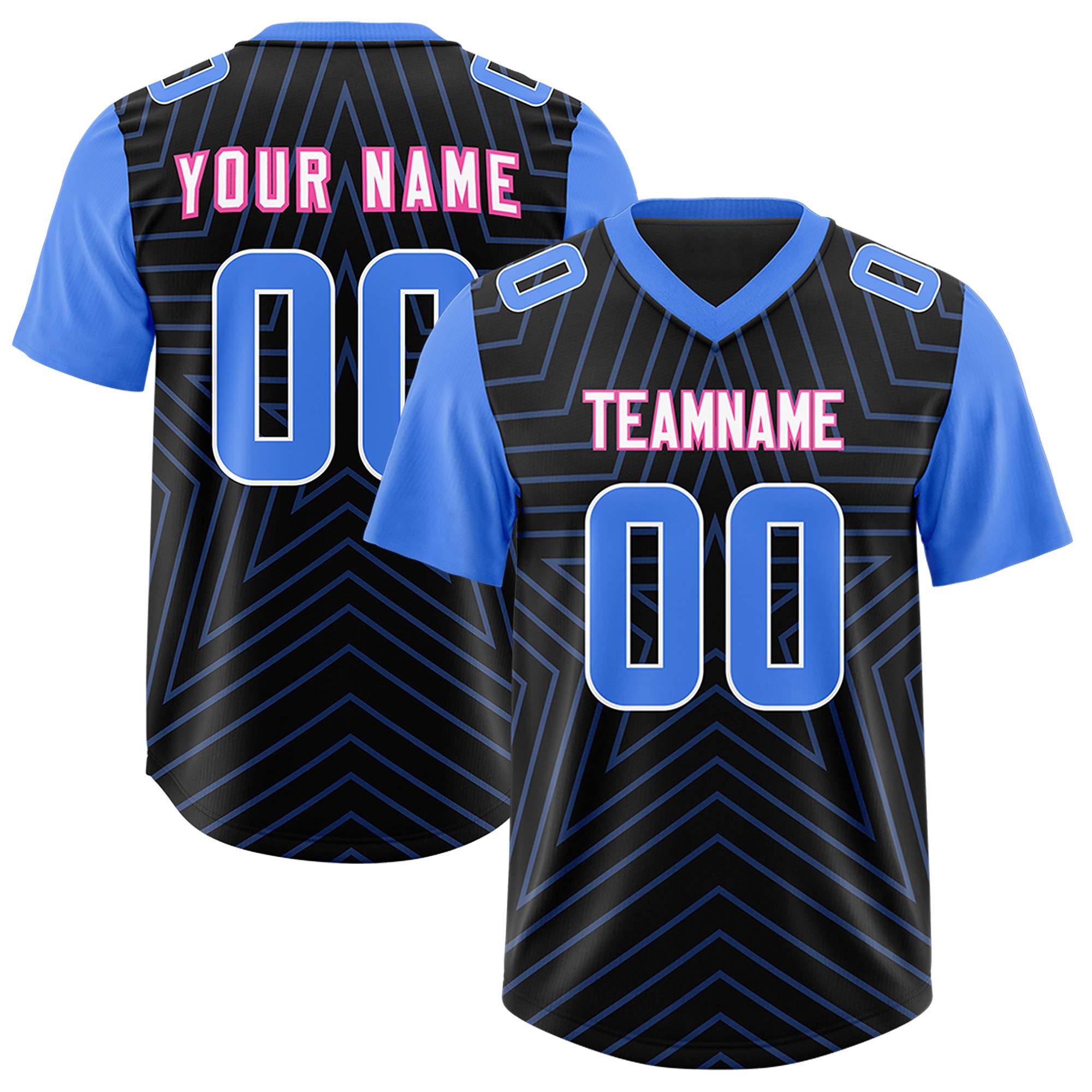 Custom Black Powder Blue Personalized Star Pattern Raglan Sleeves Authentic American Football Jersey