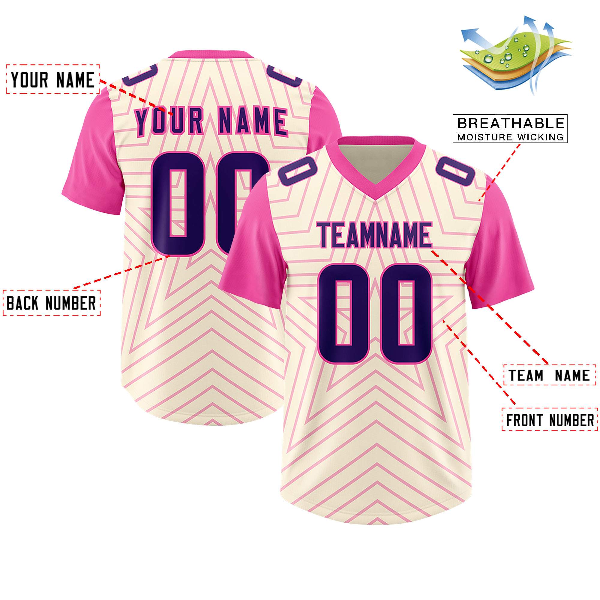 Custom Cream Pink Personalized Star Pattern Raglan Sleeves Authentic American Football Jersey