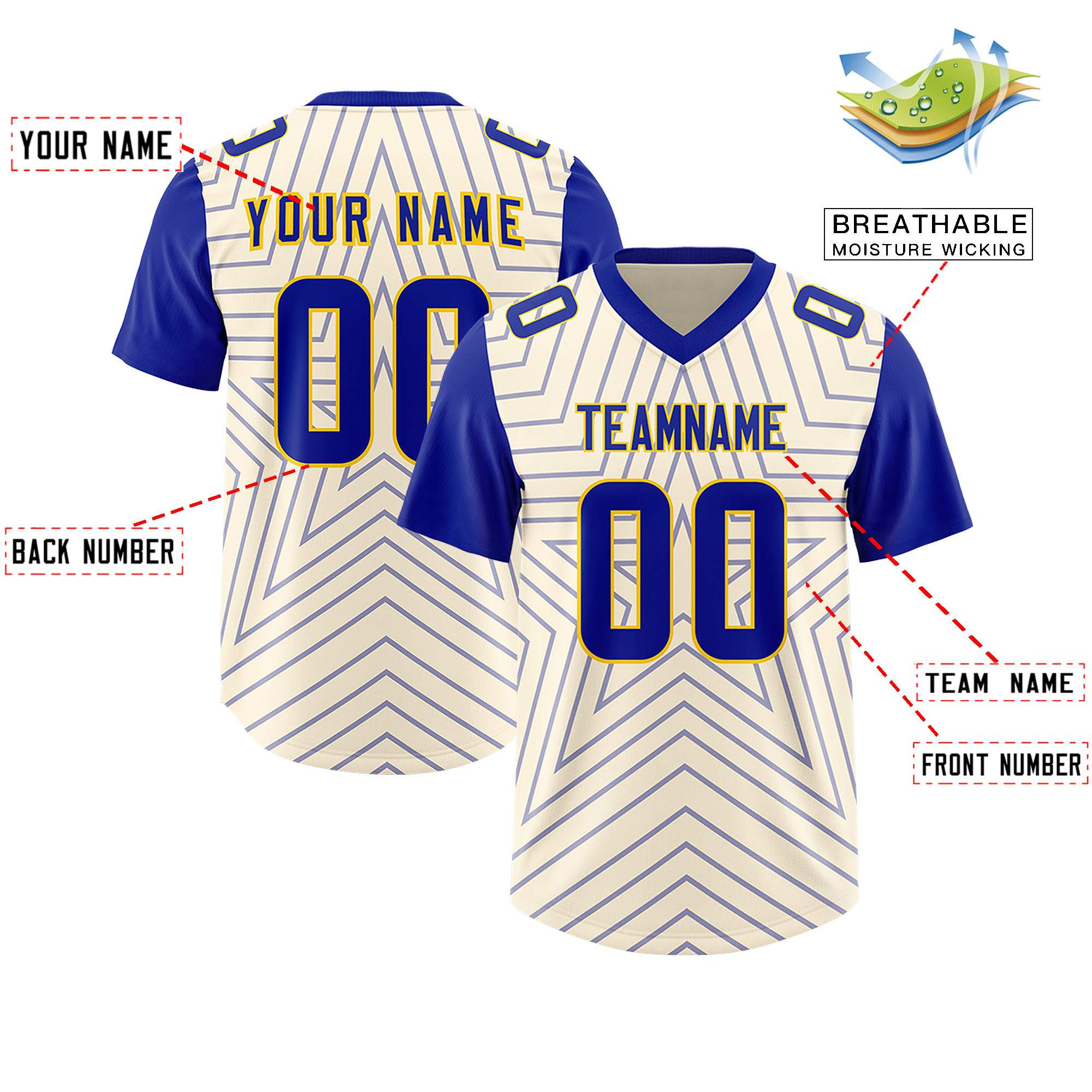 Custom Cream Royal Personalized Star Pattern Raglan Sleeves Authentic American Football Jersey