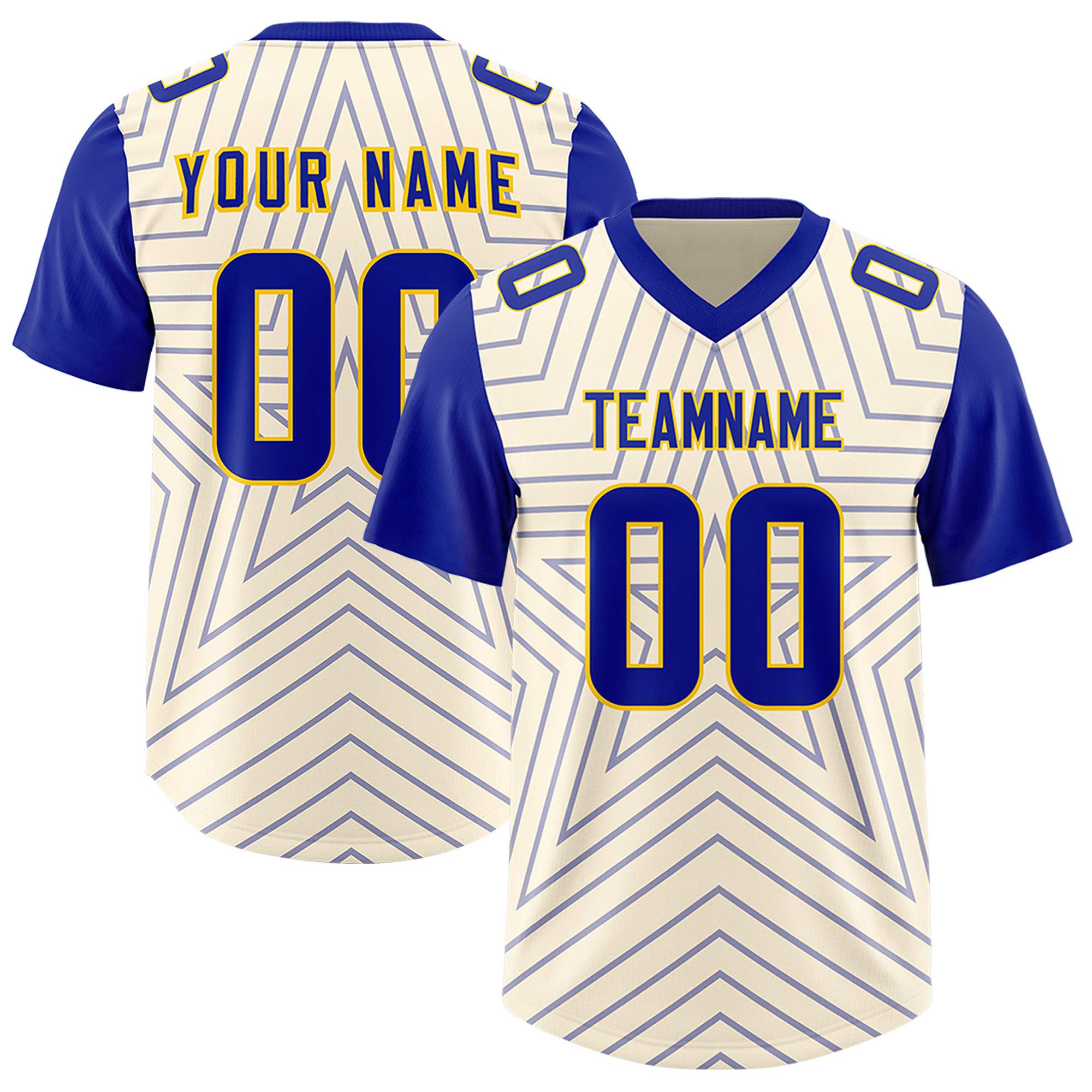 Custom Cream Royal Personalized Star Pattern Raglan Sleeves Authentic American Football Jersey