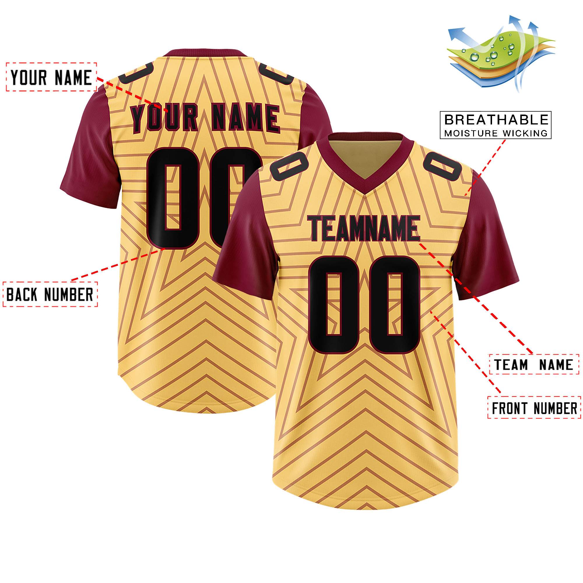 Custom Khaki Cardinal Personalized Star Pattern Raglan Sleeves Authentic American Football Jersey