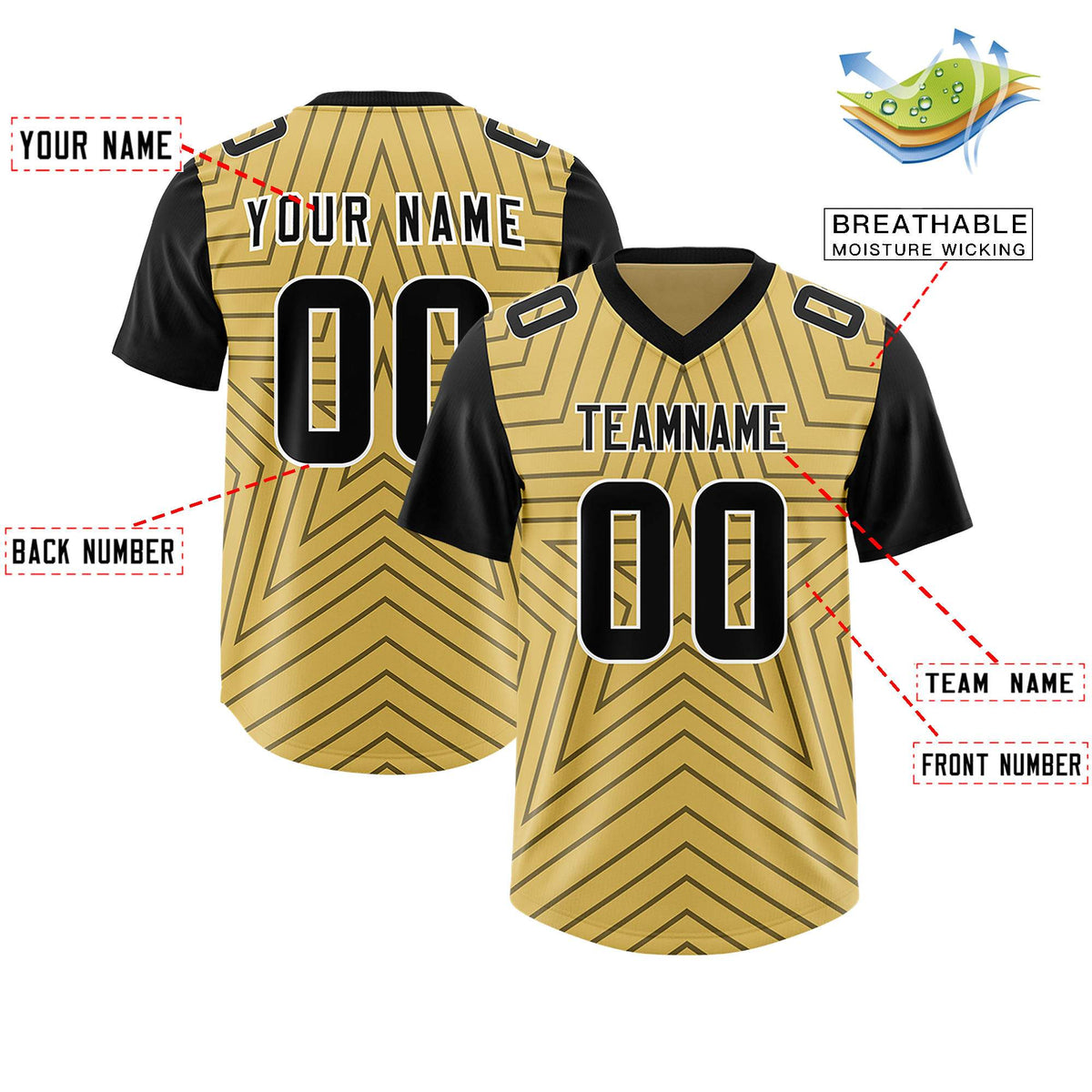 Custom Old Gold Black Personalized Star Pattern Raglan Sleeves Authentic American Football Jersey