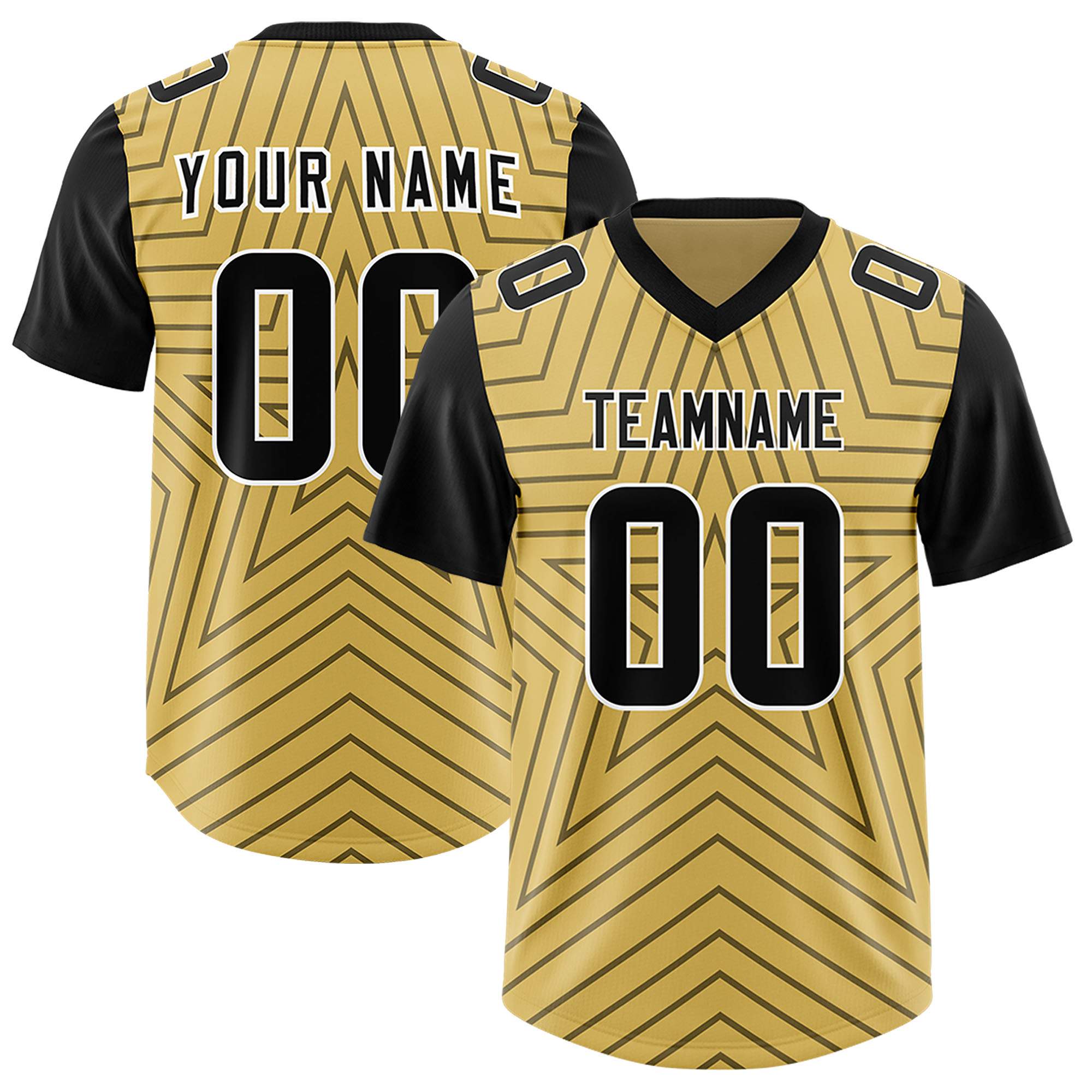 Custom Old Gold Black Personalized Star Pattern Raglan Sleeves Authentic American Football Jersey