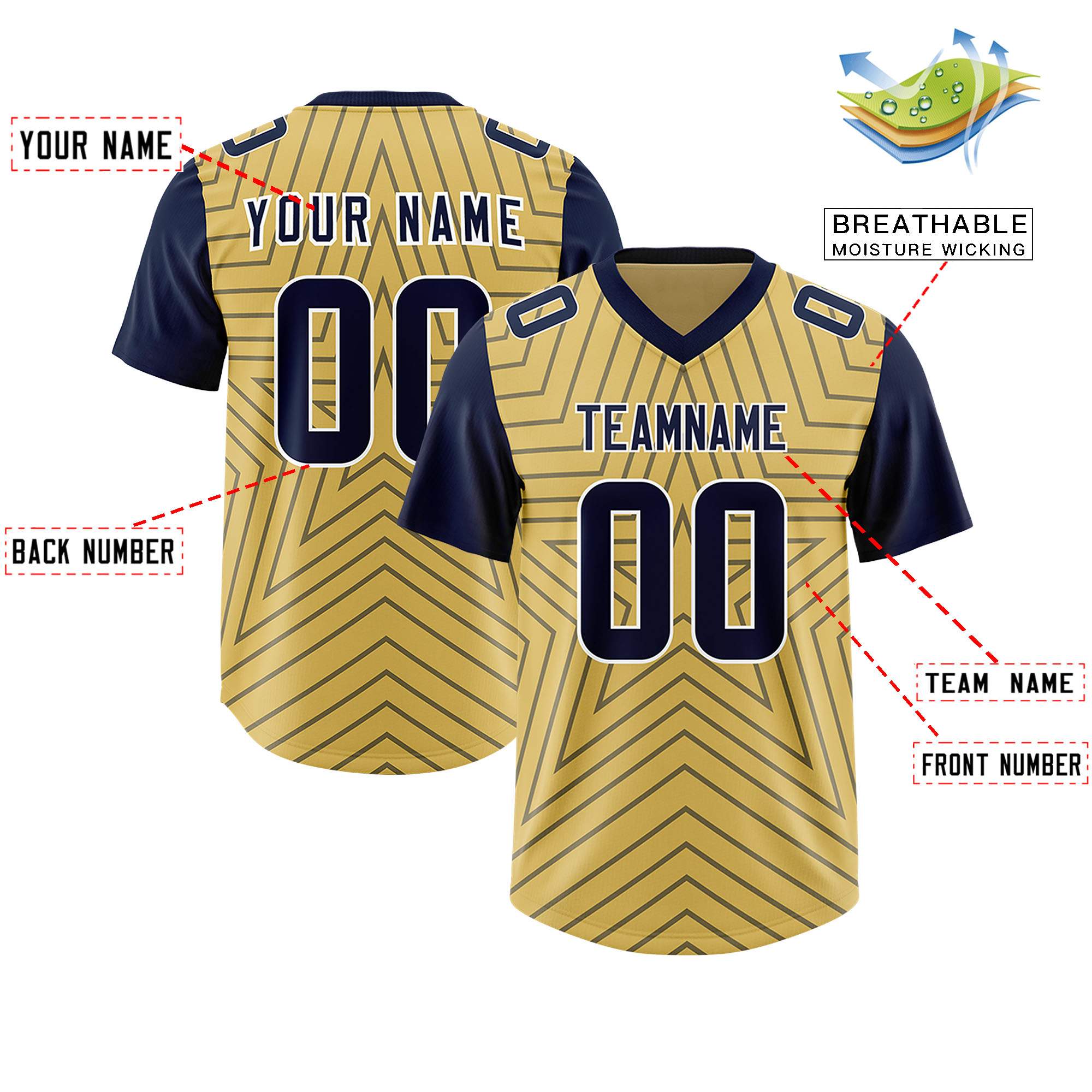 Custom Old Gold Navy Personalized Star Pattern Raglan Sleeves Authentic American Football Jersey