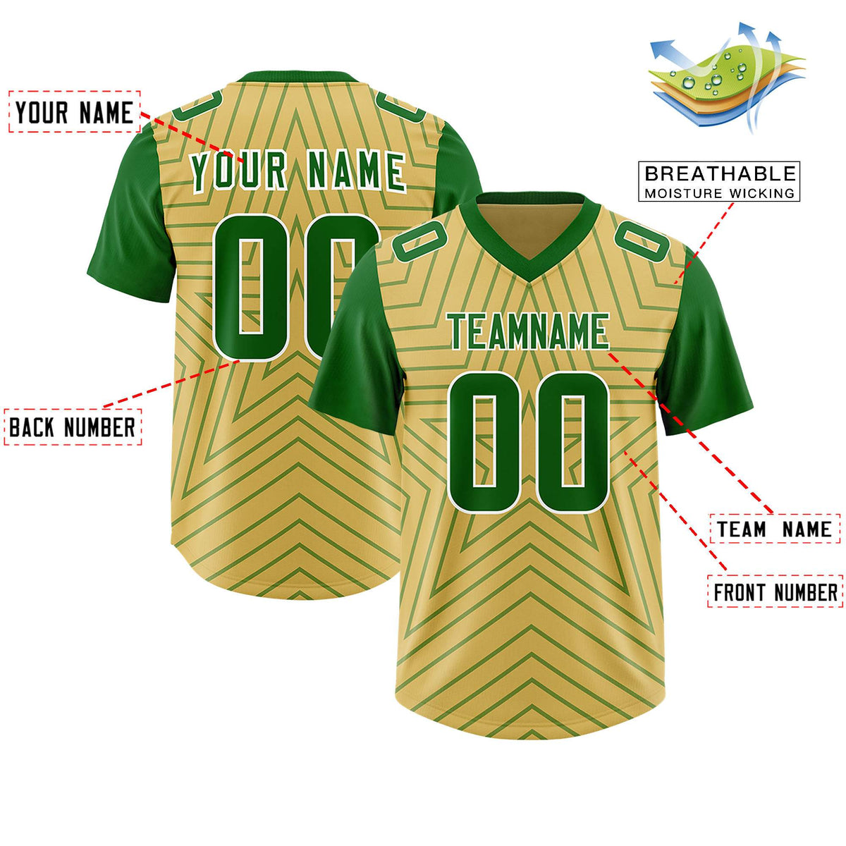 Custom Old Gold Kelly Green Personalized Star Pattern Raglan Sleeves Authentic American Football Jersey