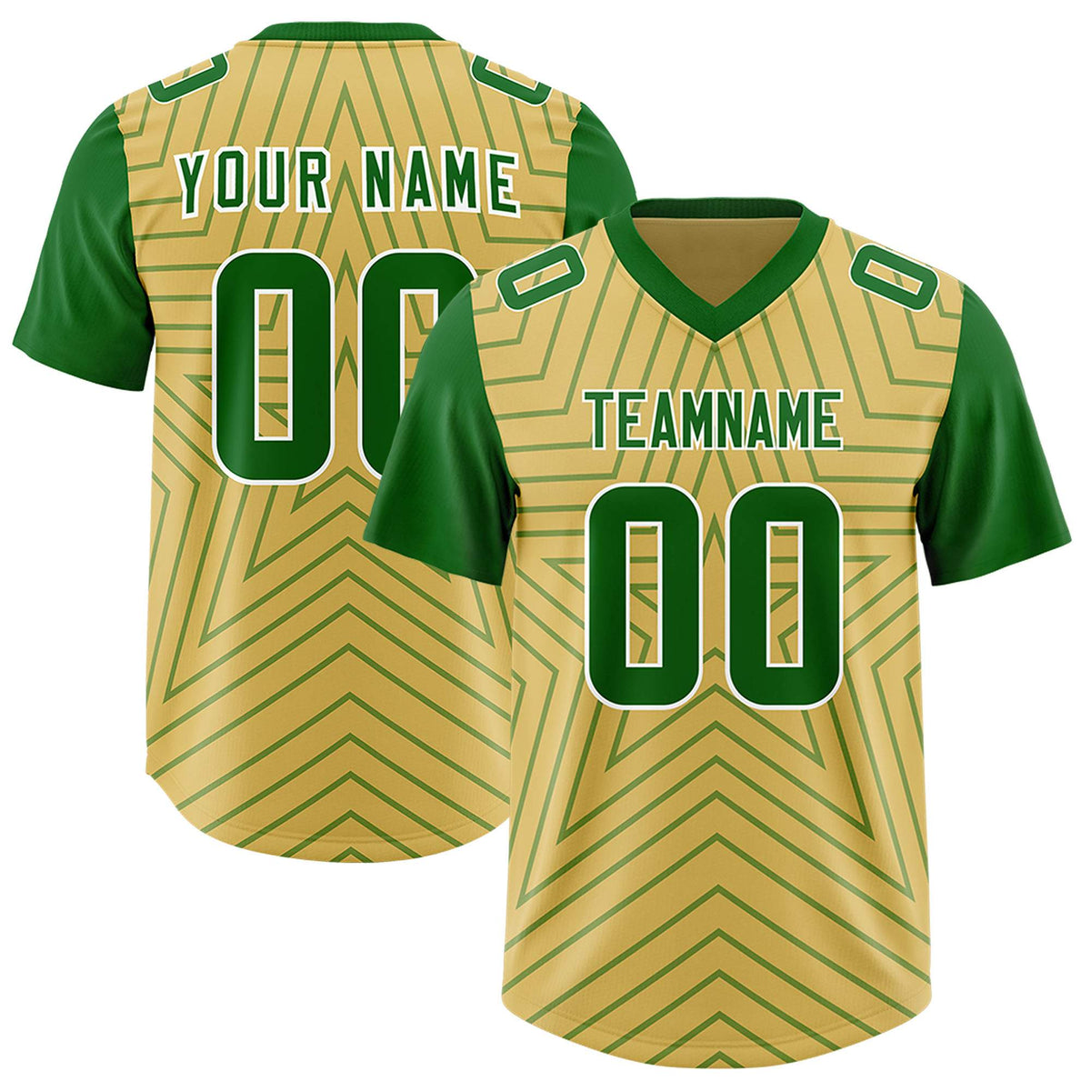 Custom Old Gold Kelly Green Personalized Star Pattern Raglan Sleeves Authentic American Football Jersey