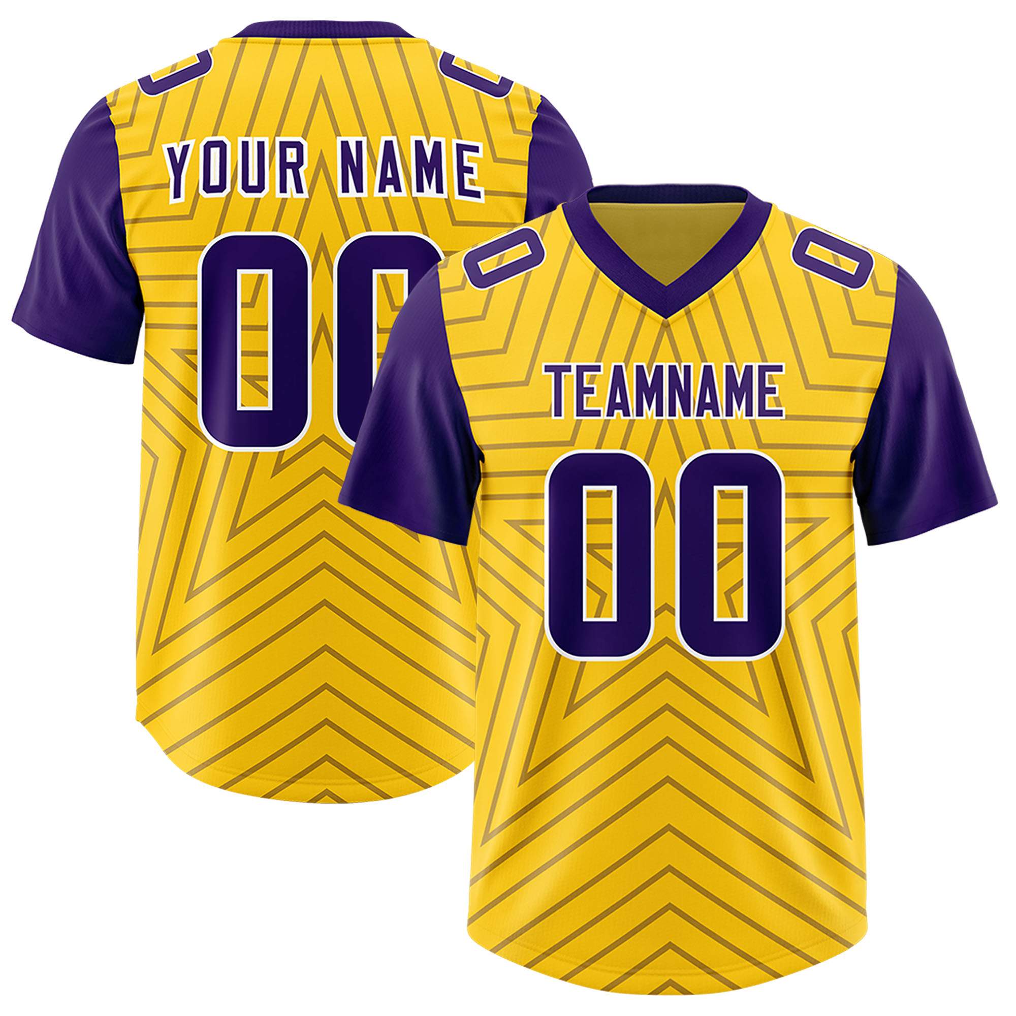 Custom Gold Purple Personalized Star Pattern Raglan Sleeves Authentic American Football Jersey