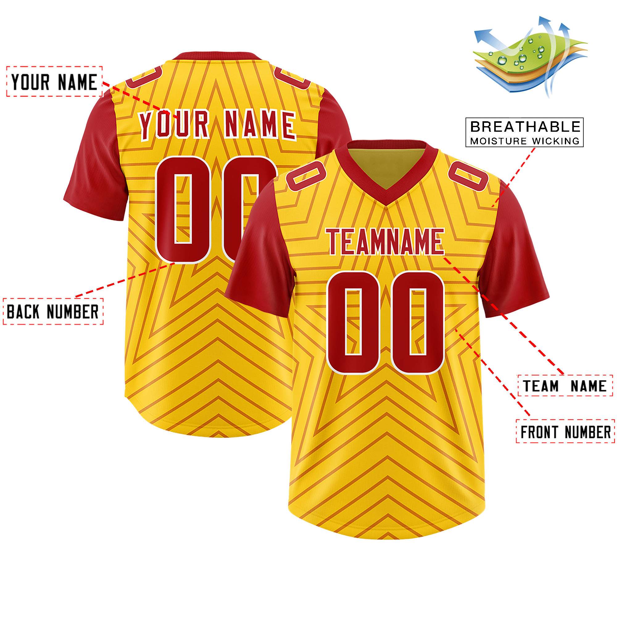 Custom Gold Red Personalized Star Pattern Raglan Sleeves Authentic American Football Jersey