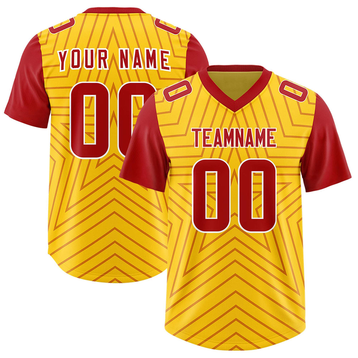 Custom Gold Red Personalized Star Pattern Raglan Sleeves Authentic American Football Jersey