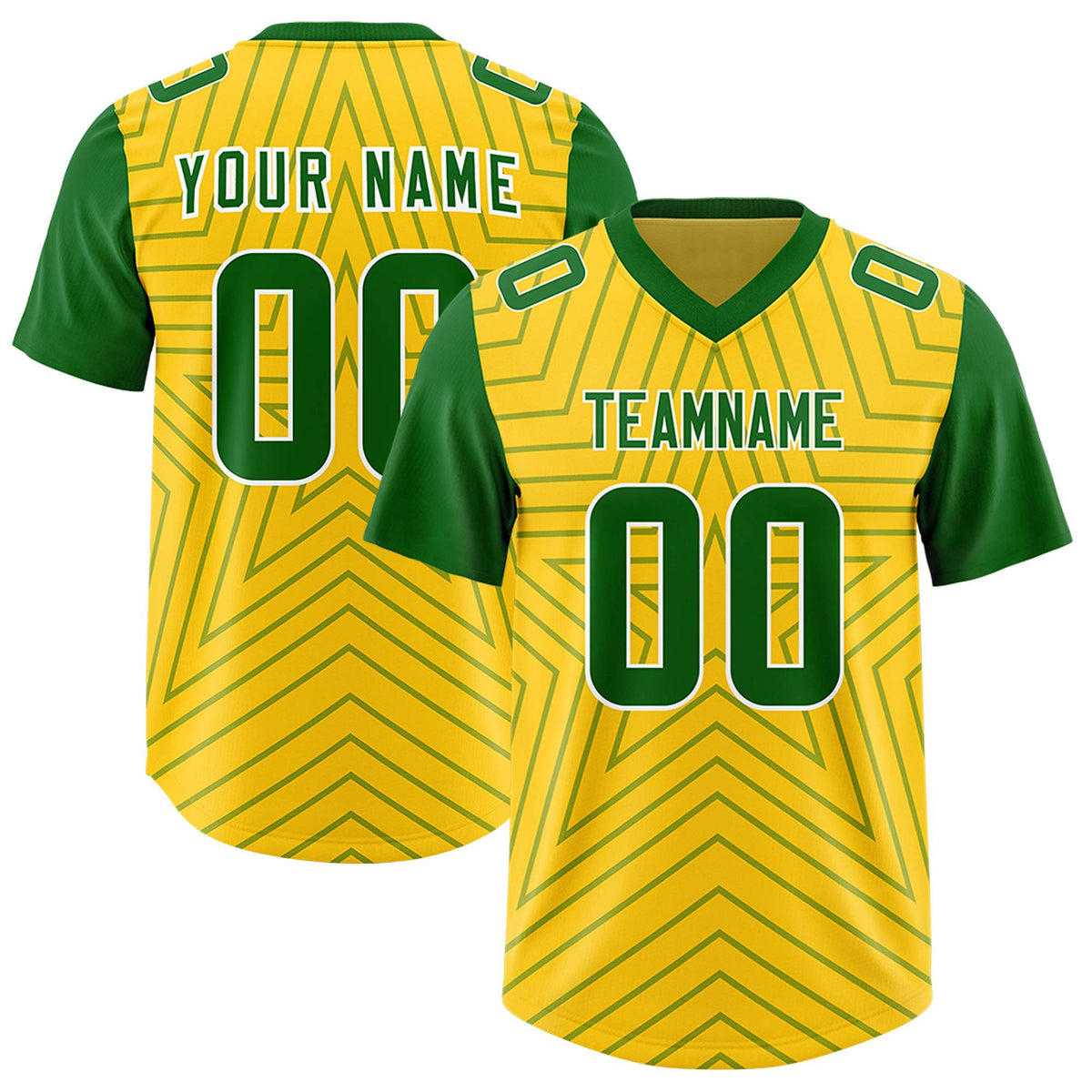 Custom Gold Kelly Green Personalized Star Pattern Raglan Sleeves Authentic American Football Jersey