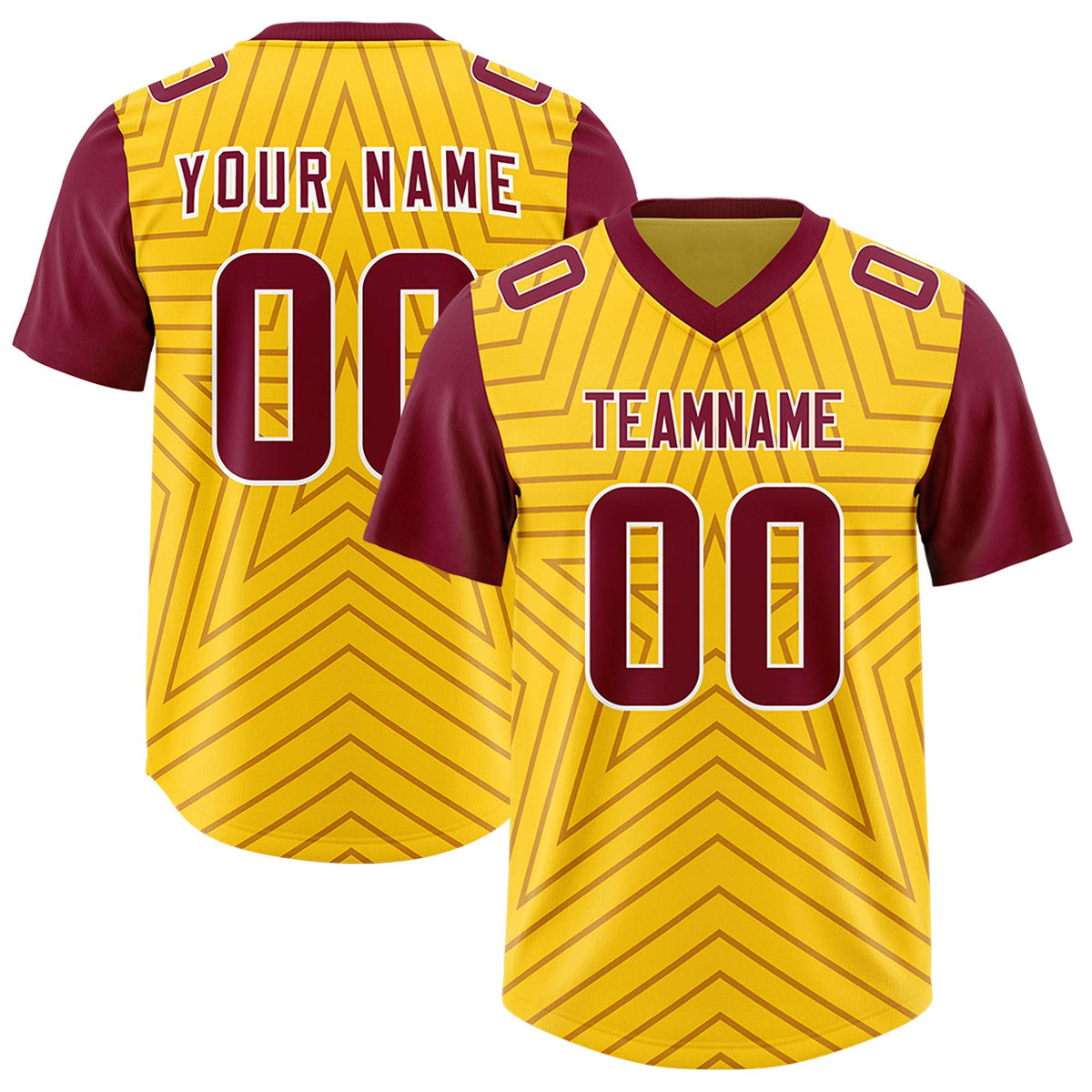 Custom Gold Cardinal Personalized Star Pattern Raglan Sleeves Authentic American Football Jersey
