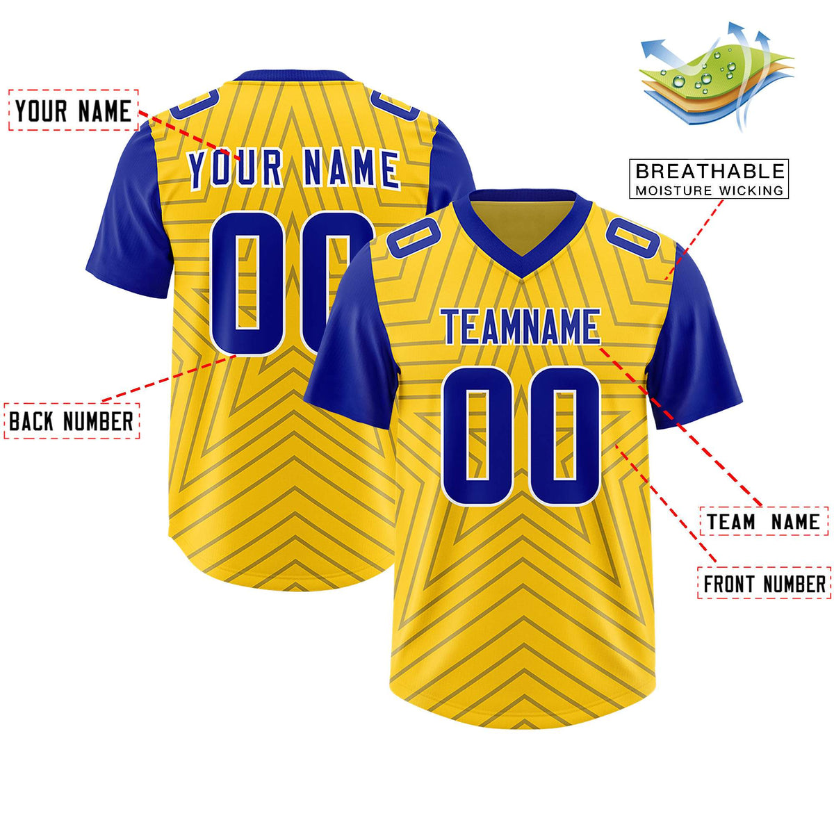 Custom Gold Royal Personalized Star Pattern Raglan Sleeves Authentic American Football Jersey