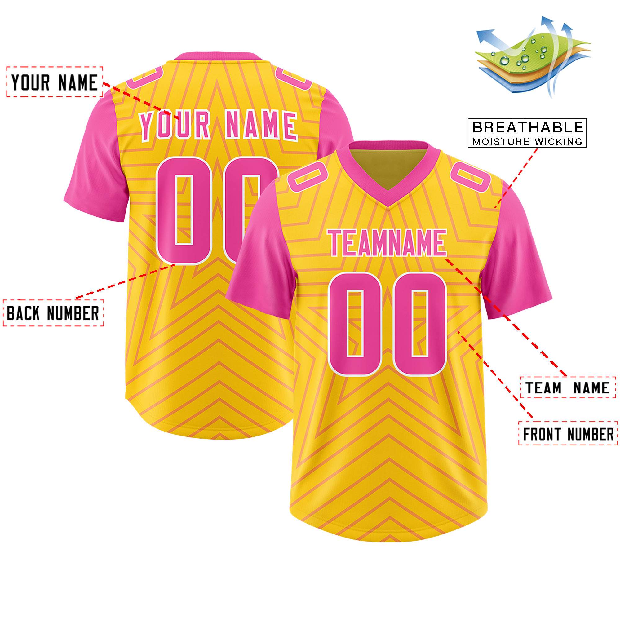 Custom Gold Pink Personalized Star Pattern Raglan Sleeves Authentic American Football Jersey