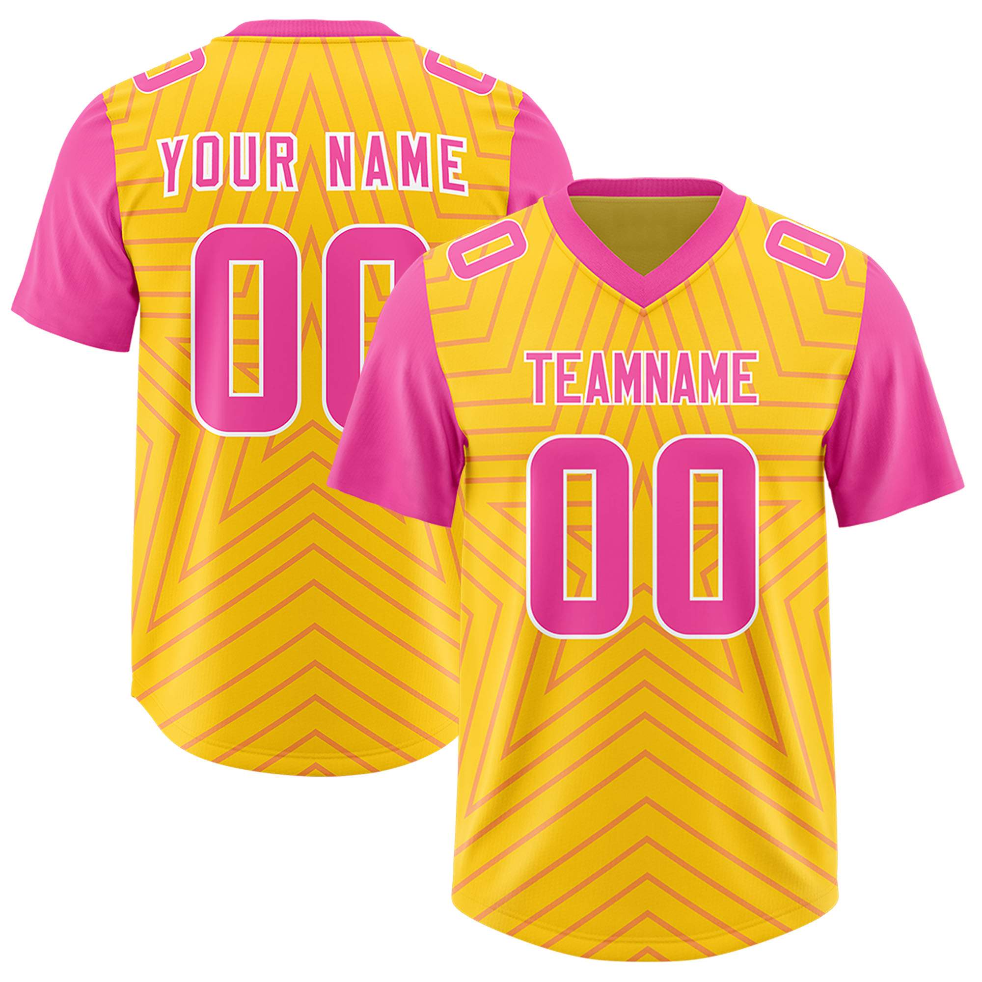 Custom Gold Pink Personalized Star Pattern Raglan Sleeves Authentic American Football Jersey