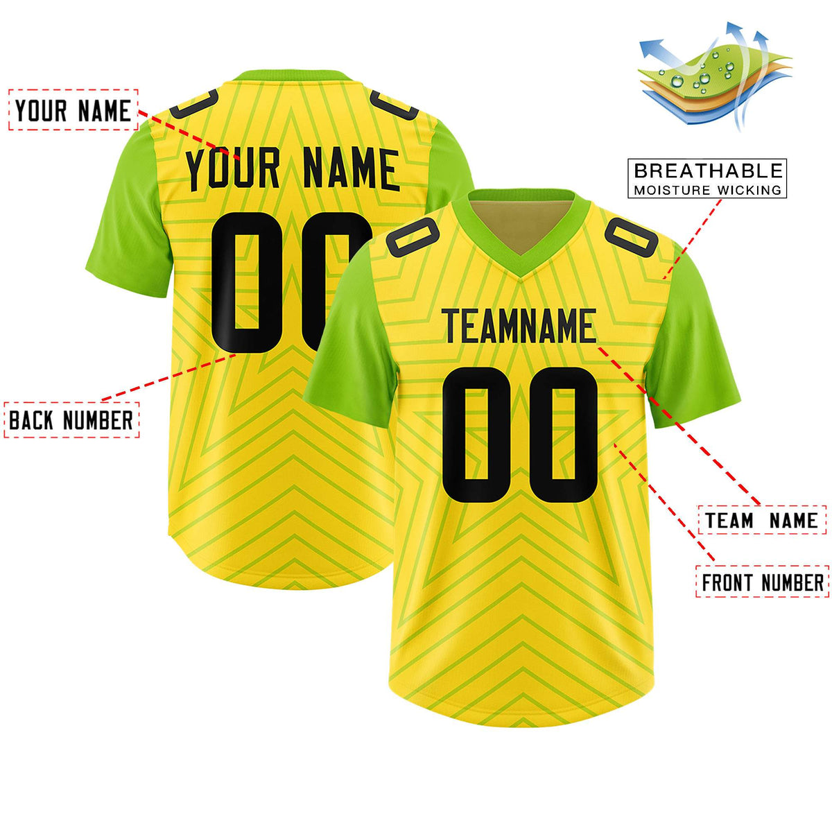 Custom Gold Neon Green Personalized Star Pattern Raglan Sleeves Authentic American Football Jersey