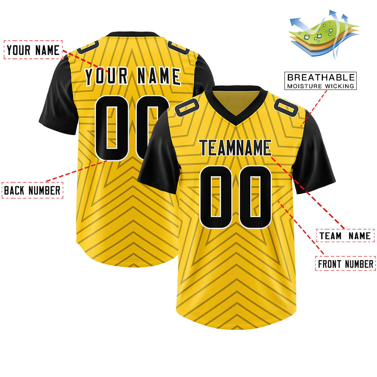 Custom Gold Black Personalized Star Pattern Raglan Sleeves Authentic American Football Jersey