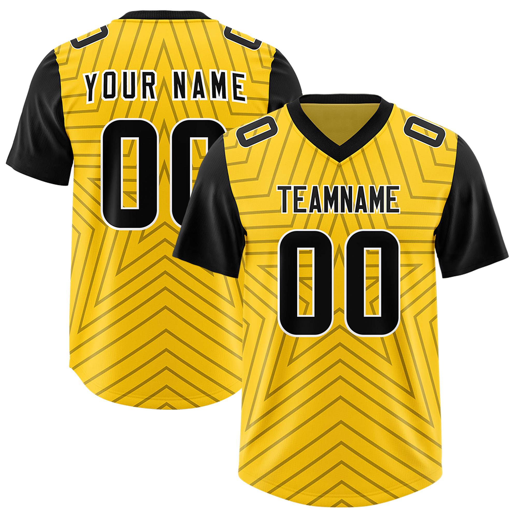 Custom Gold Black Personalized Star Pattern Raglan Sleeves Authentic American Football Jersey