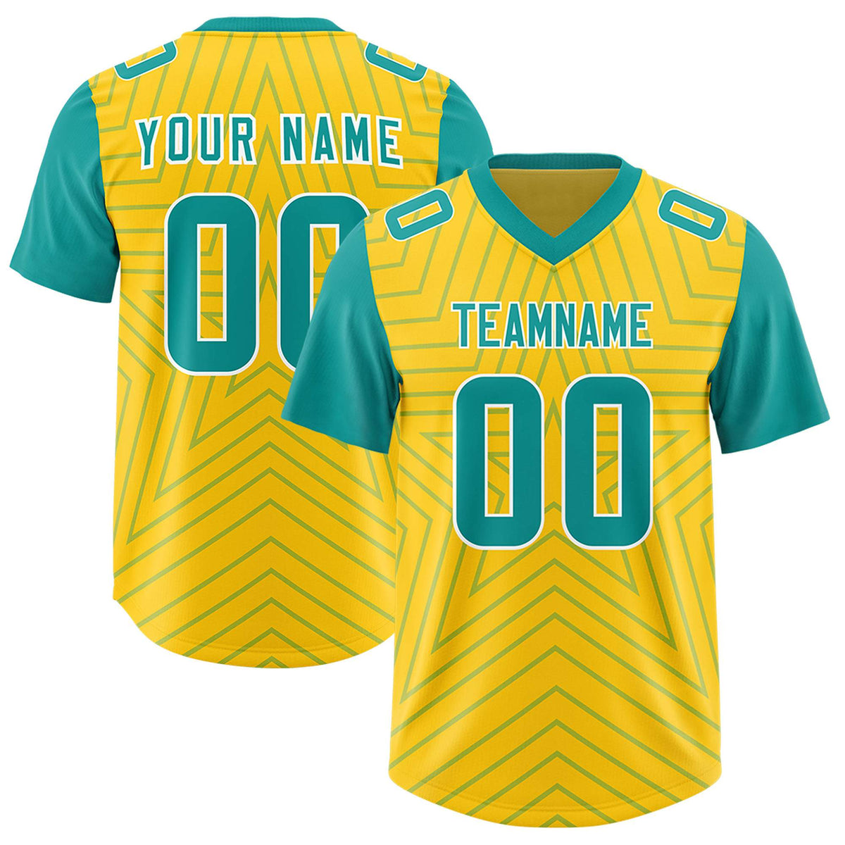 Custom Gold Aqua Personalized Star Pattern Raglan Sleeves Authentic American Football Jersey