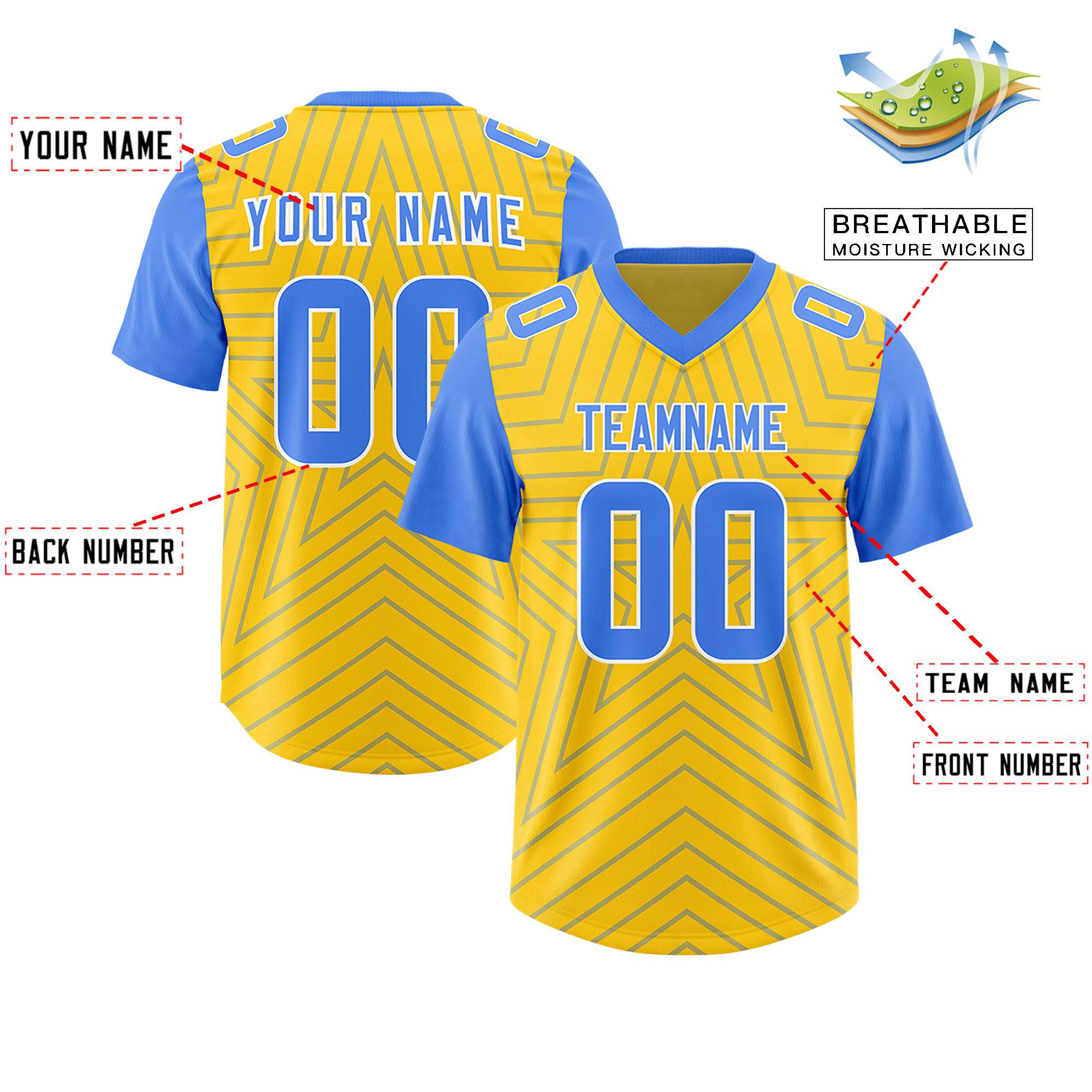 Custom Gold Powder Blue Personalized Star Pattern Raglan Sleeves Authentic American Football Jersey