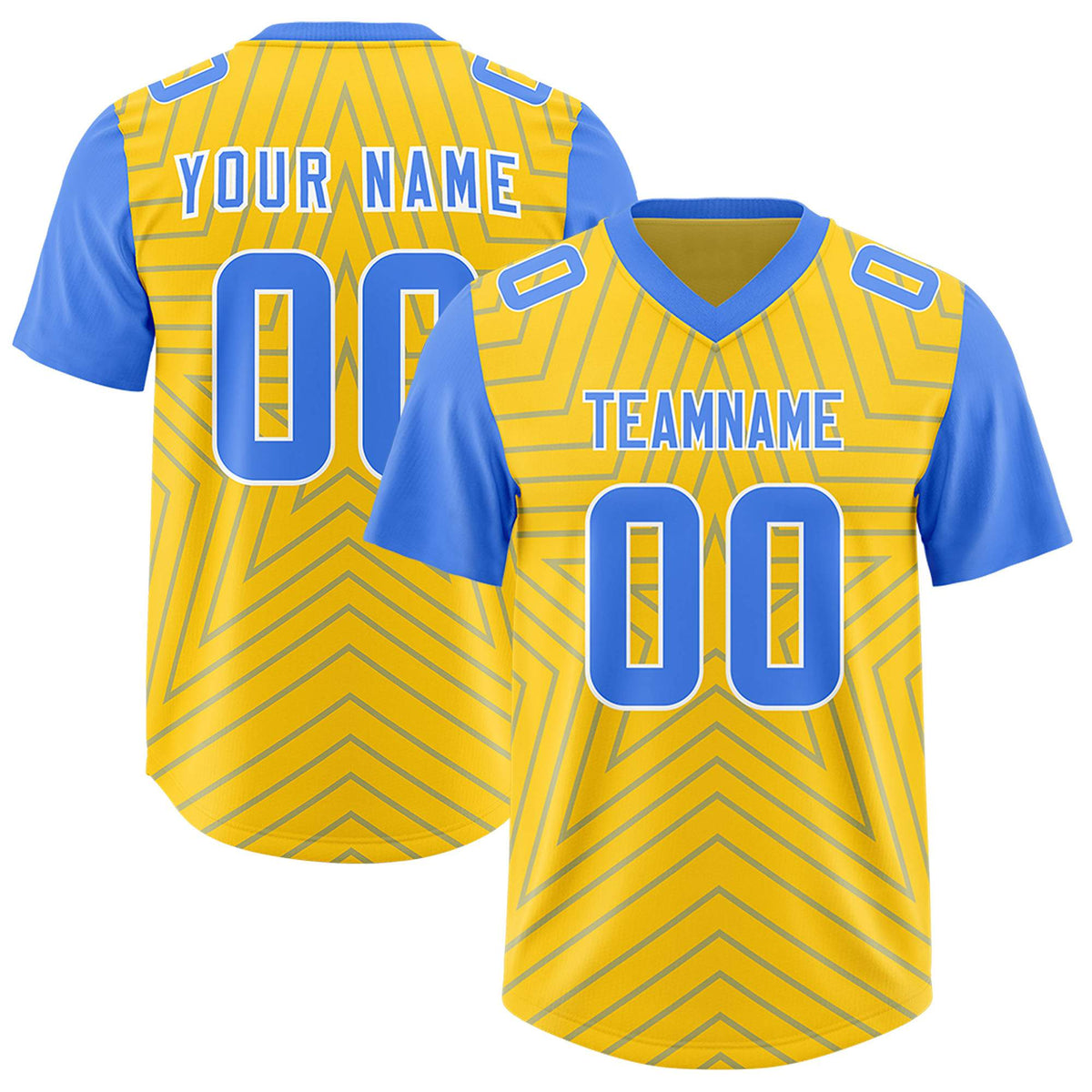 Custom Gold Powder Blue Personalized Star Pattern Raglan Sleeves Authentic American Football Jersey