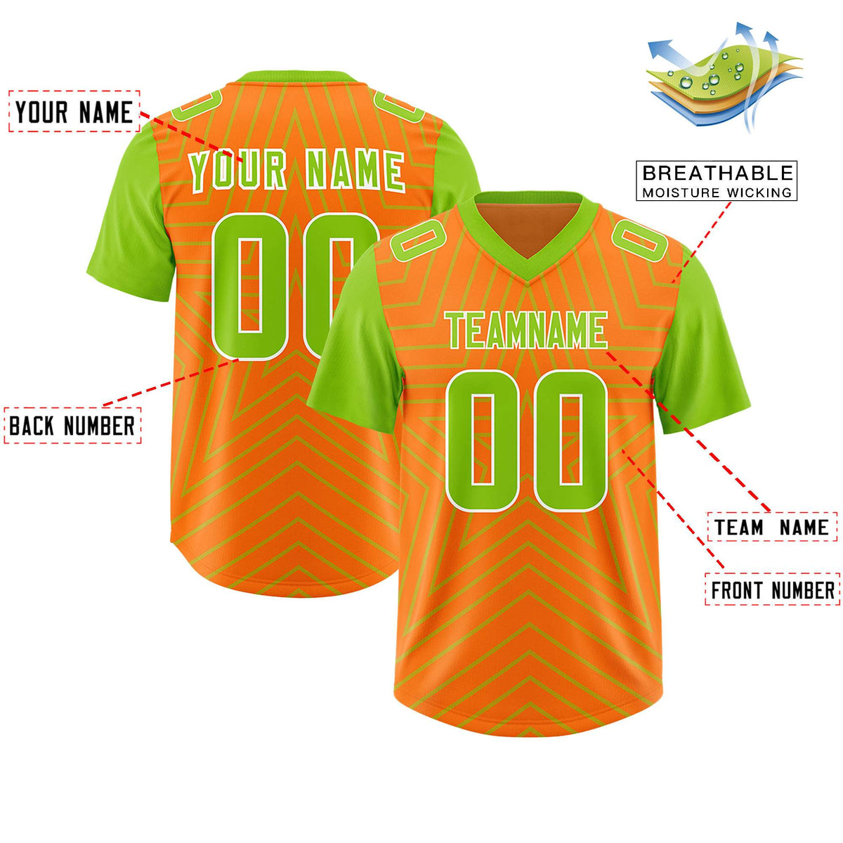 Custom Orange Neon Green Personalized Star Pattern Raglan Sleeves Authentic American Football Jersey