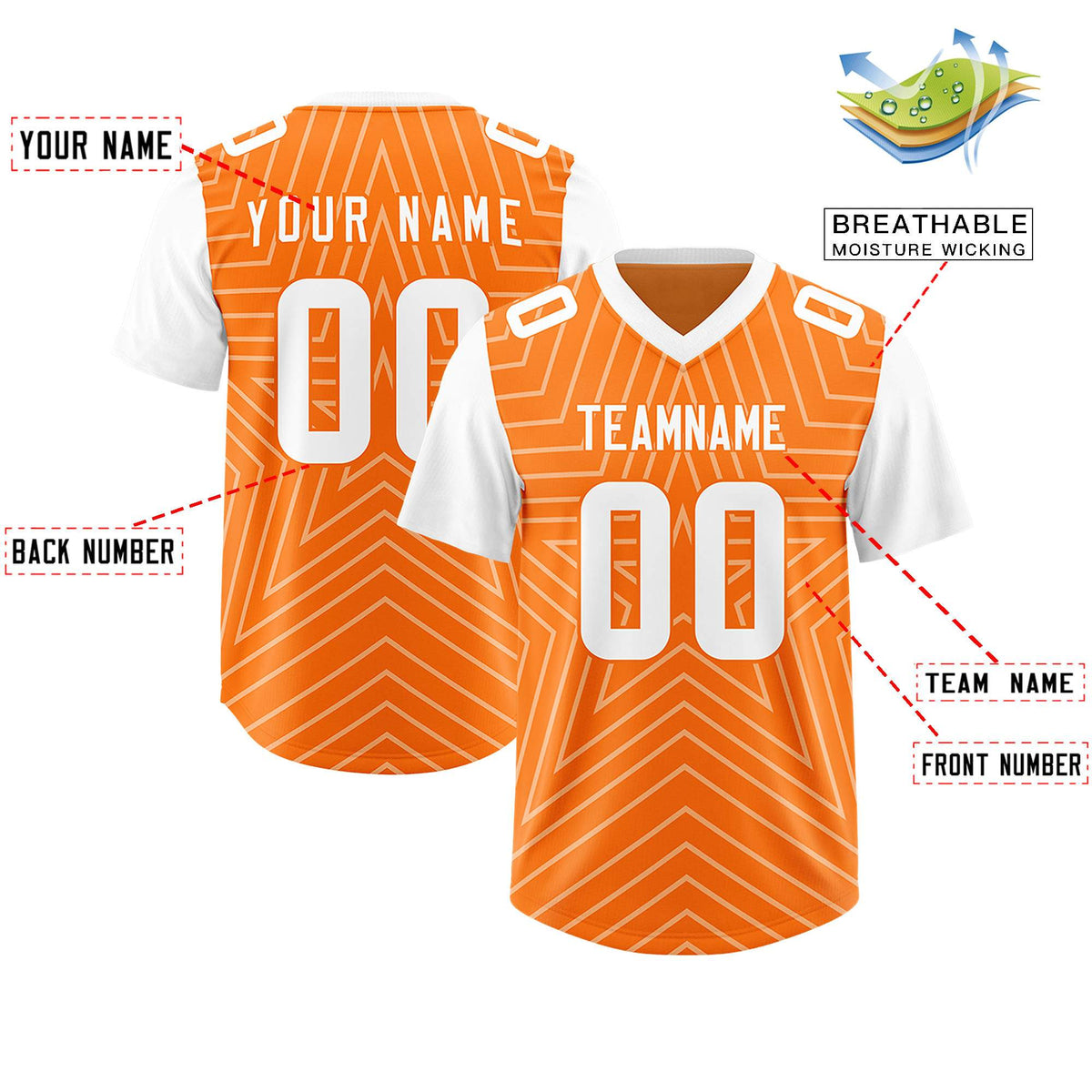 Custom Orange White Personalized Star Pattern Raglan Sleeves Authentic American Football Jersey