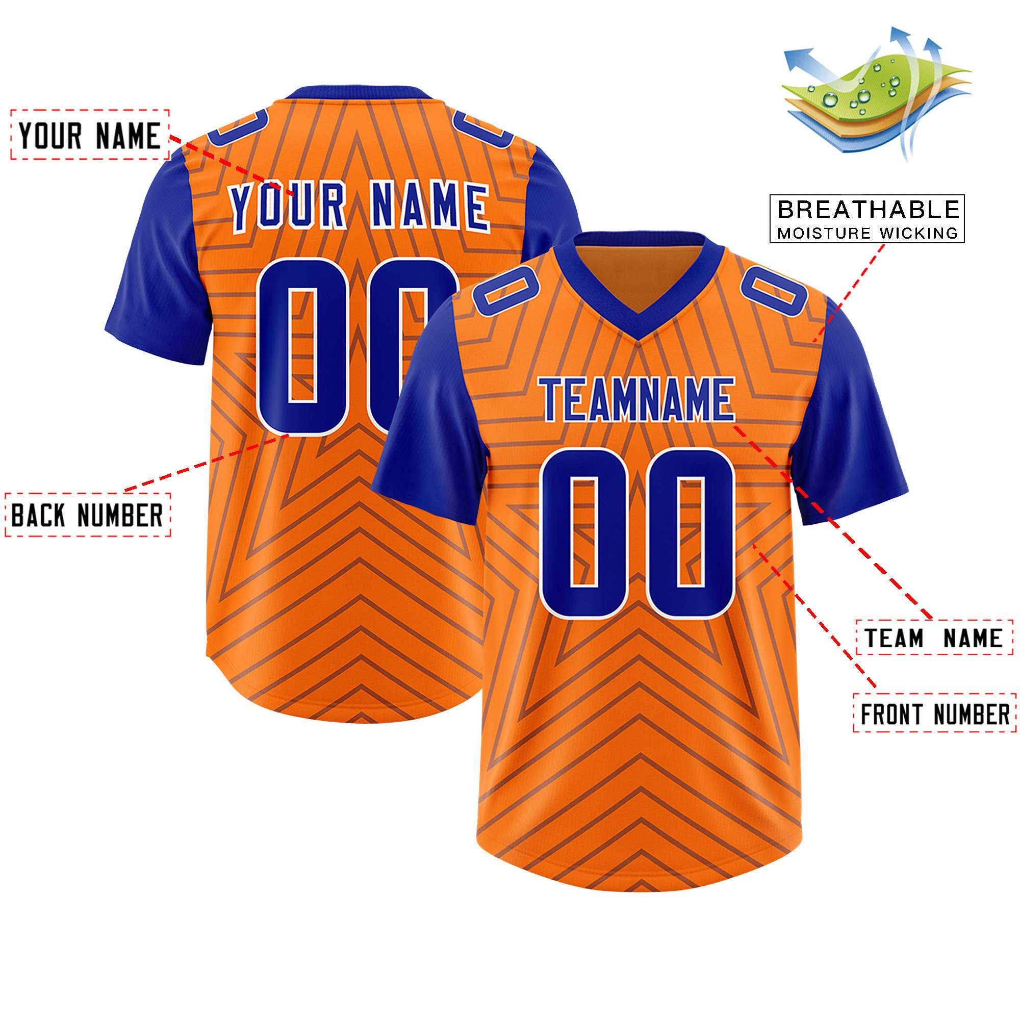 Custom Orange Royal Personalized Star Pattern Raglan Sleeves Authentic American Football Jersey
