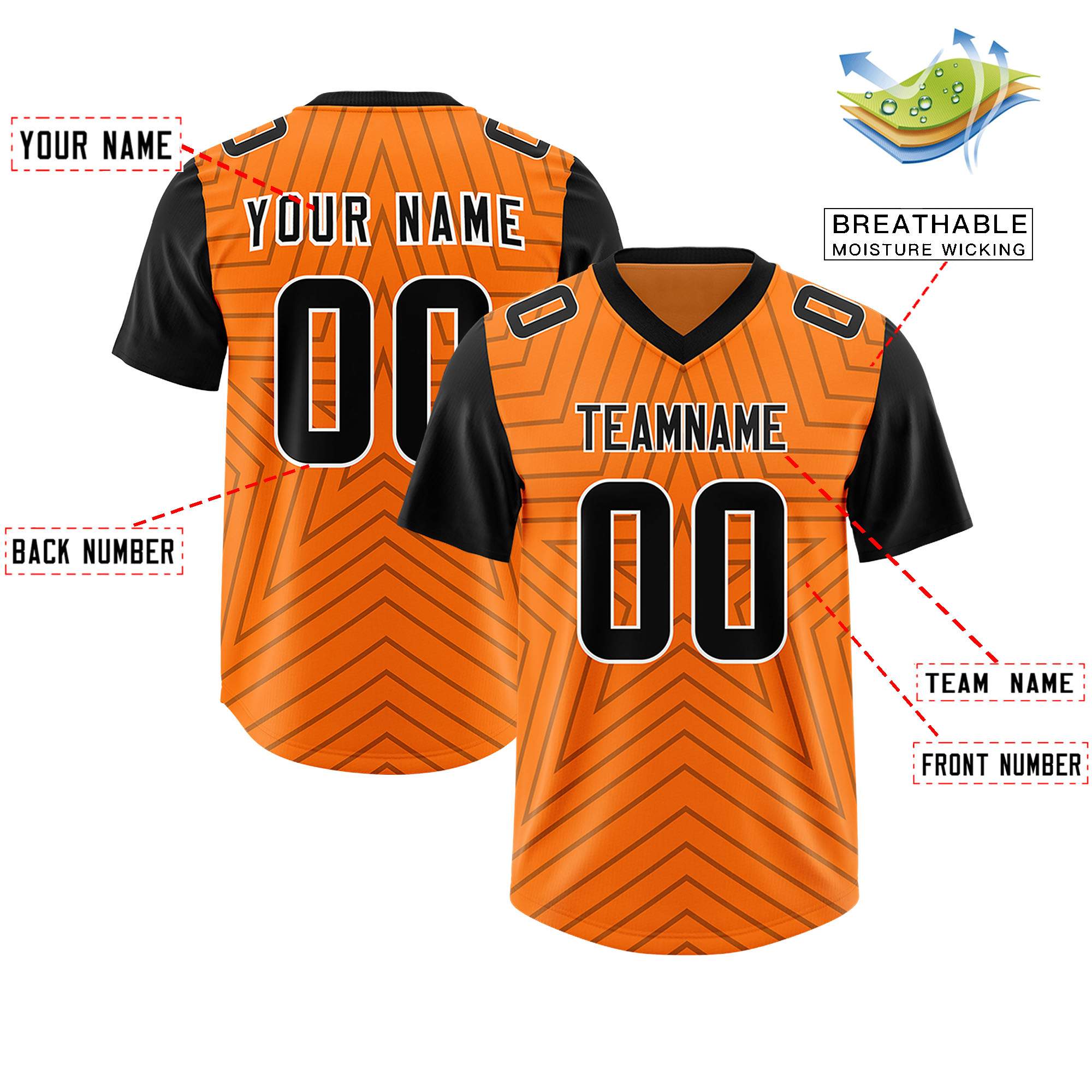 Custom Orange Black Personalized Star Pattern Raglan Sleeves Authentic American Football Jersey