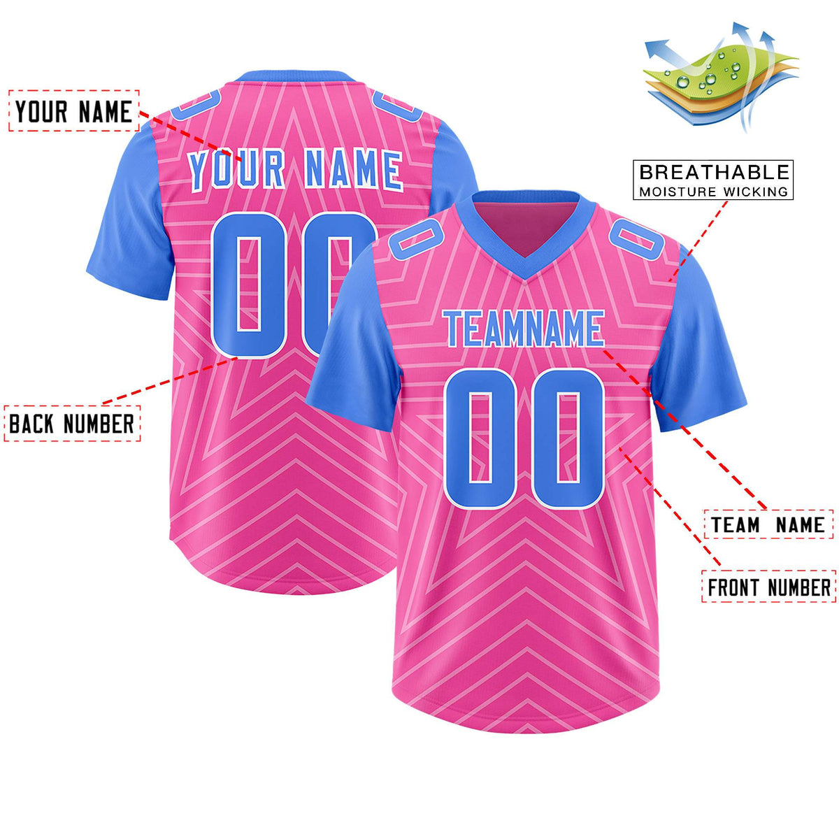 Custom Pink Powder Blue Personalized Star Pattern Raglan Sleeves Authentic American Football Jersey