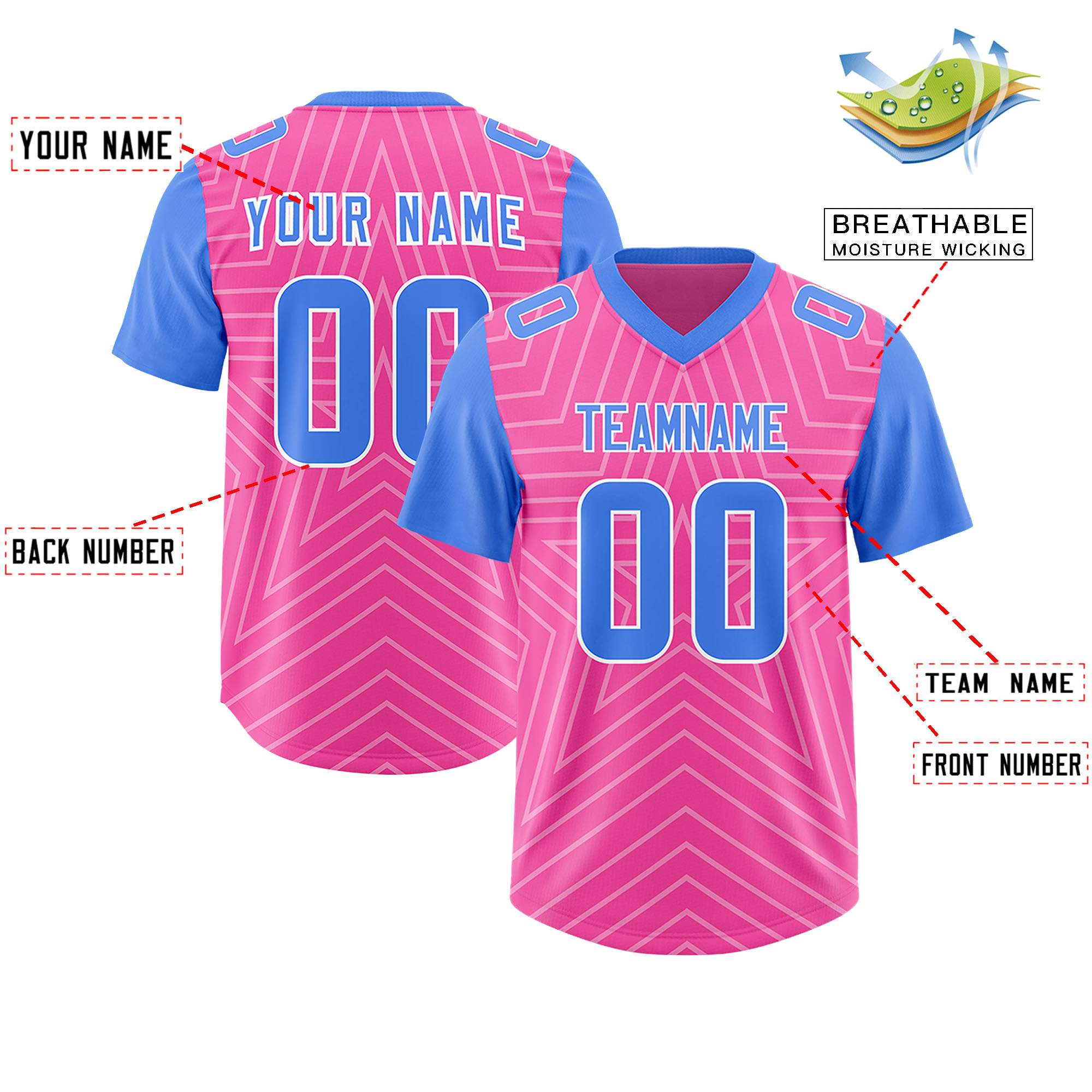 Custom Pink Powder Blue Personalized Star Pattern Raglan Sleeves Authentic American Football Jersey